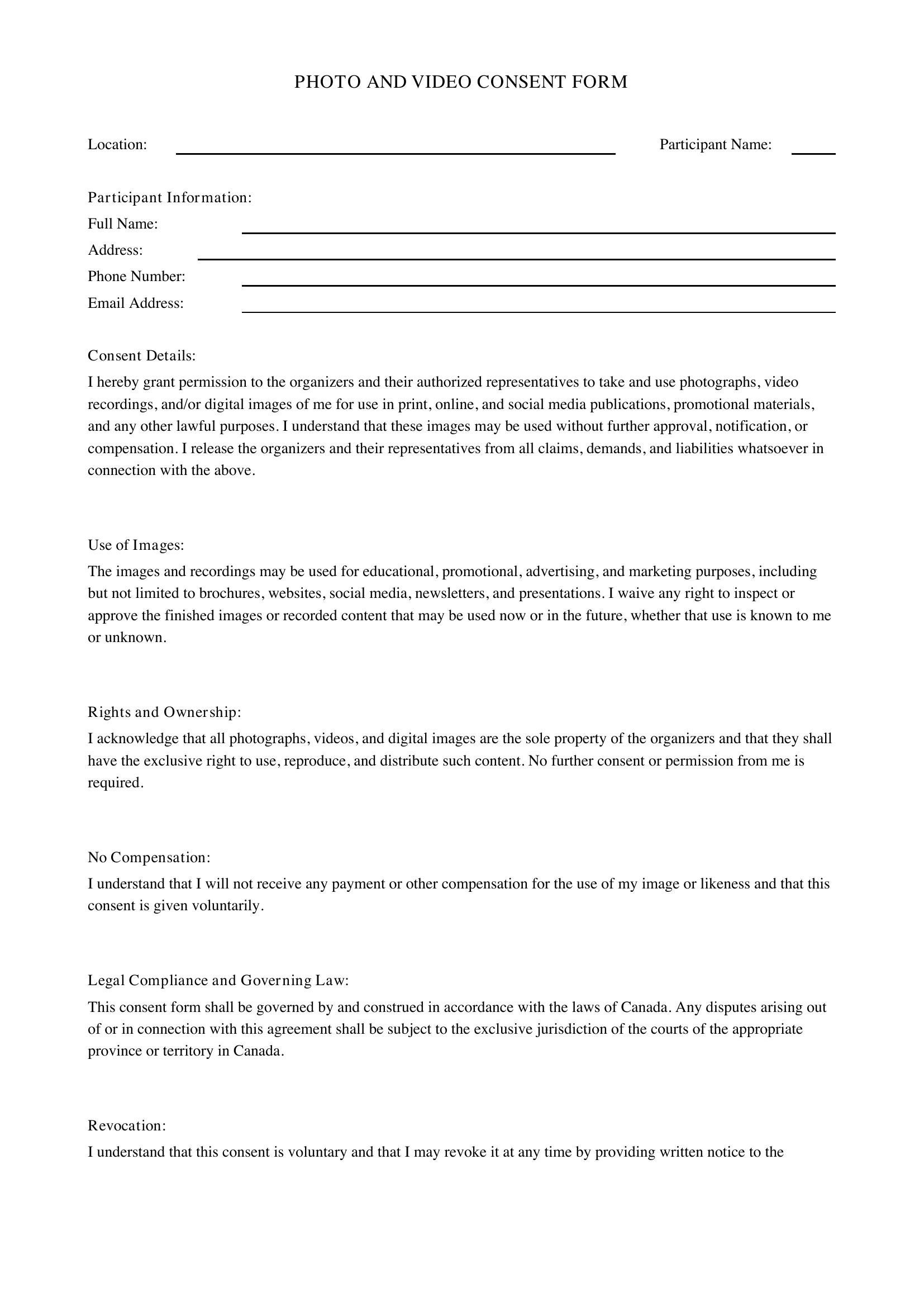 Photo And Video Consent Form Template - Canada