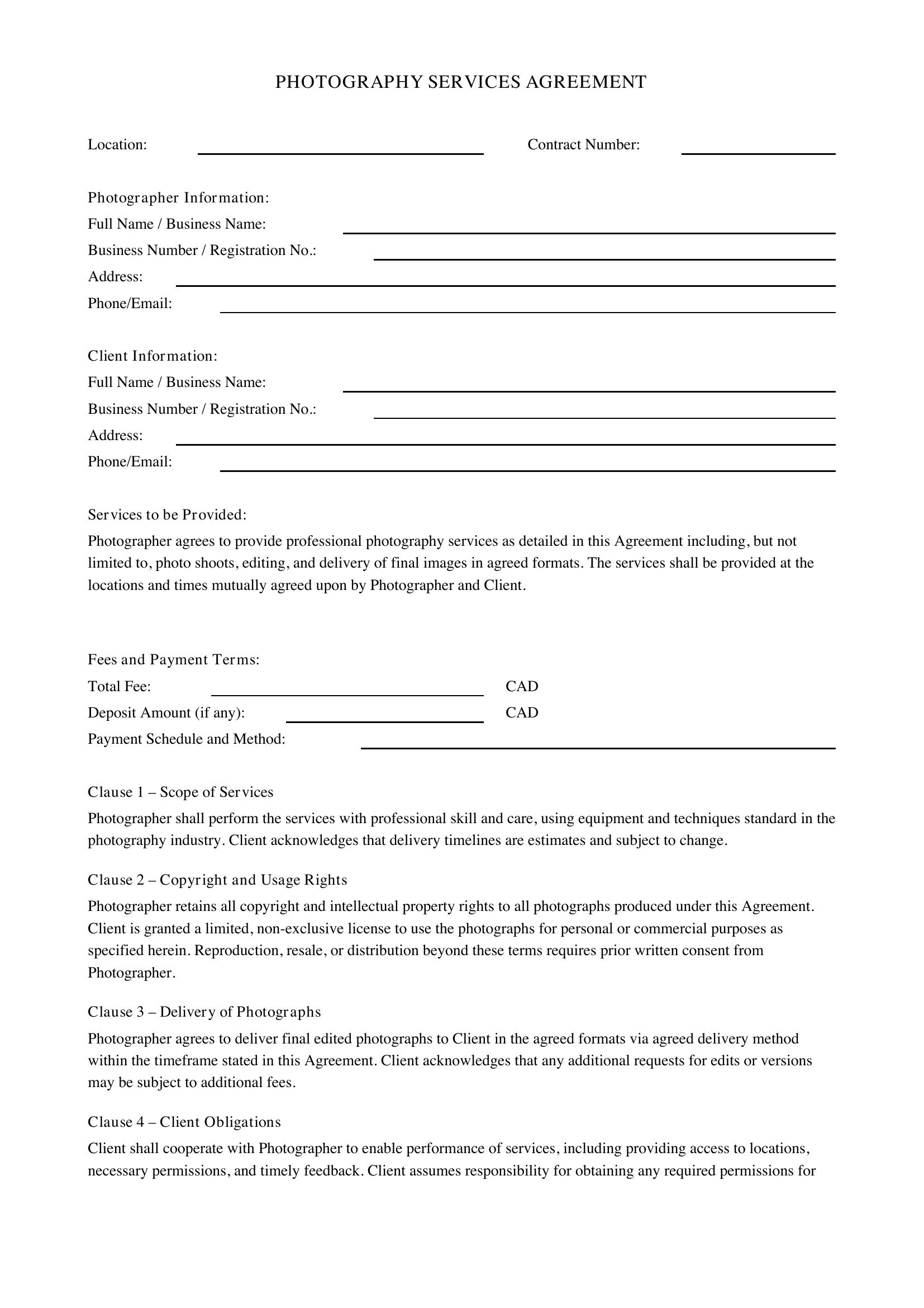 Photography Contract Template - Canada