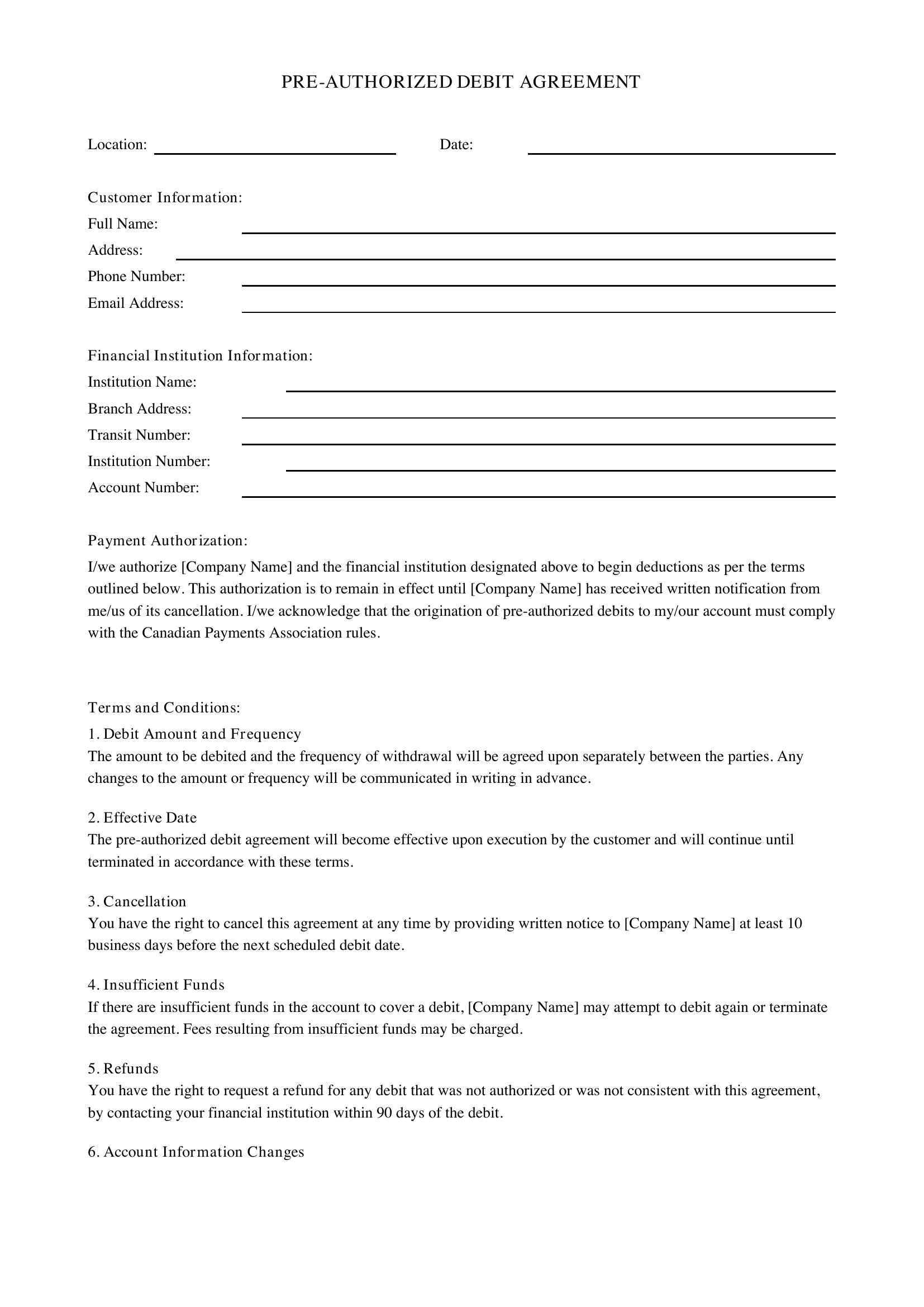 Pre-Authorized Debit Agreement Template - Canada