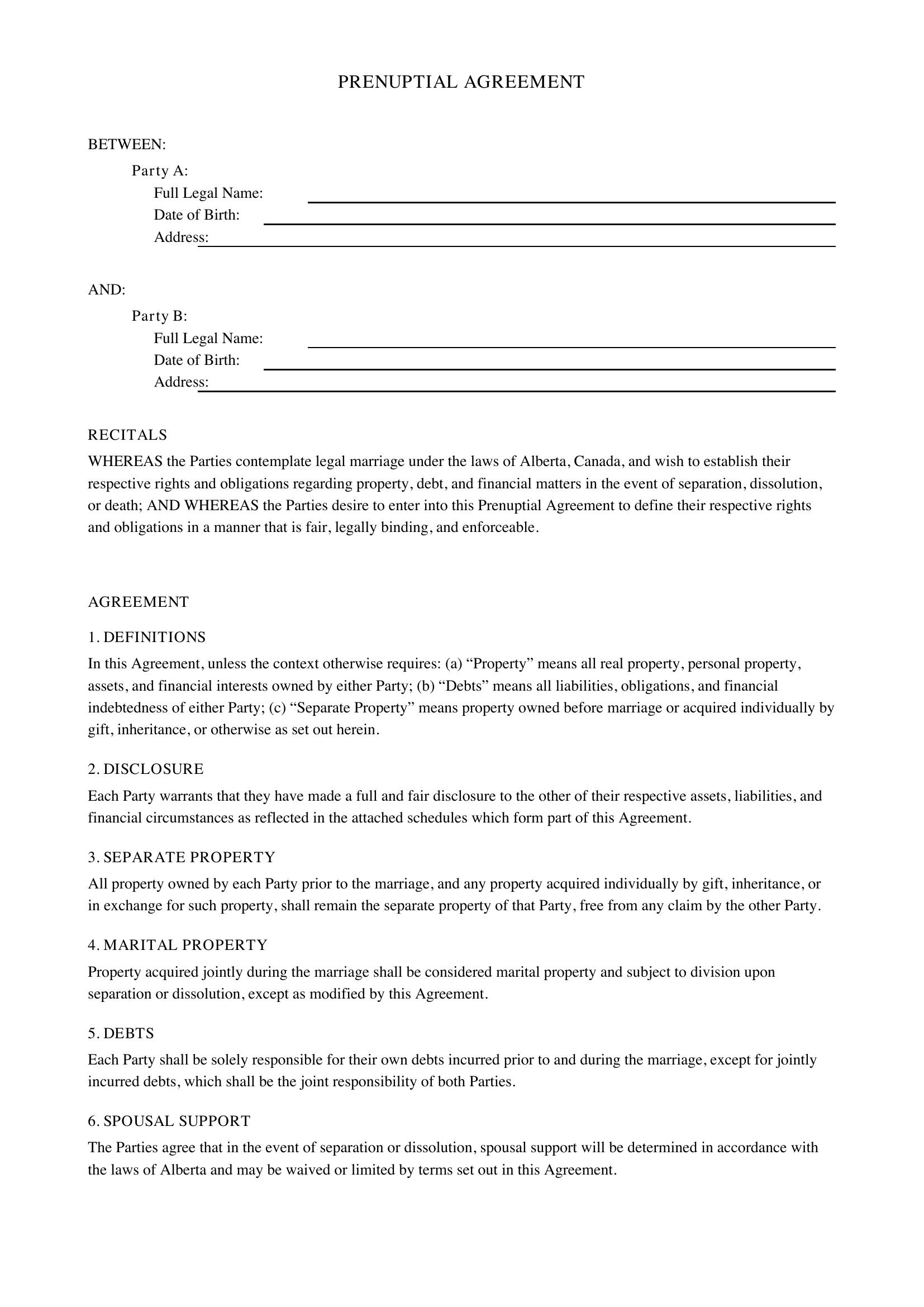 Prenuptial Agreement Alberta Template - Canada