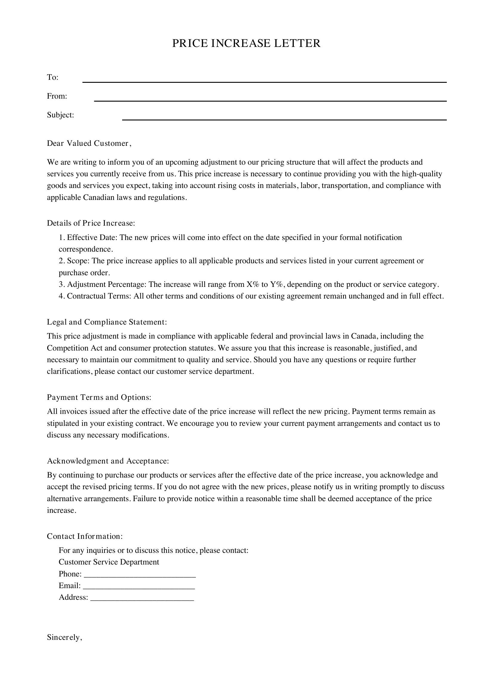 Price Increase Letter Template - Canada