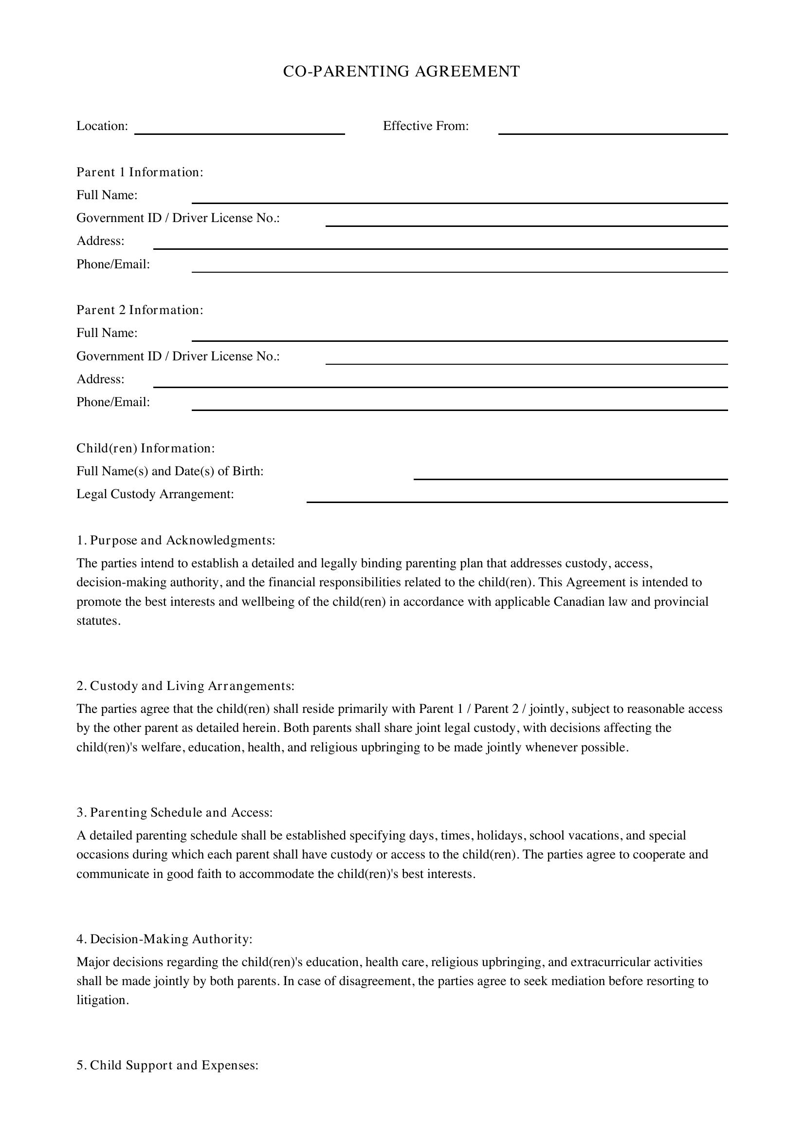 Printable Co Parenting Agreement Template - Canada