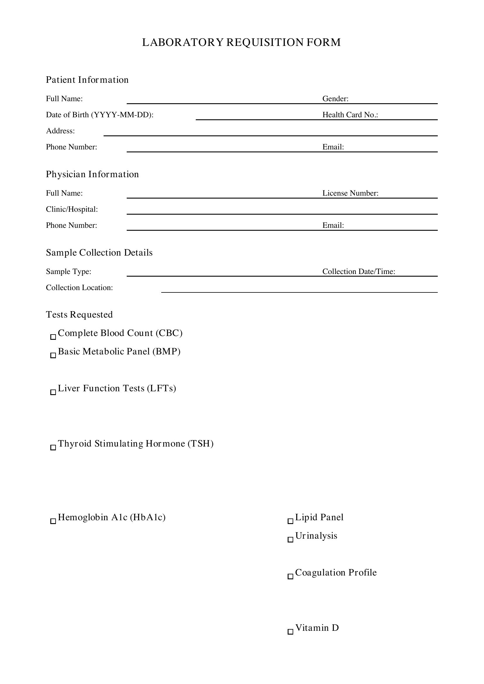 Printable Lab Requisition Form Template - Canada
