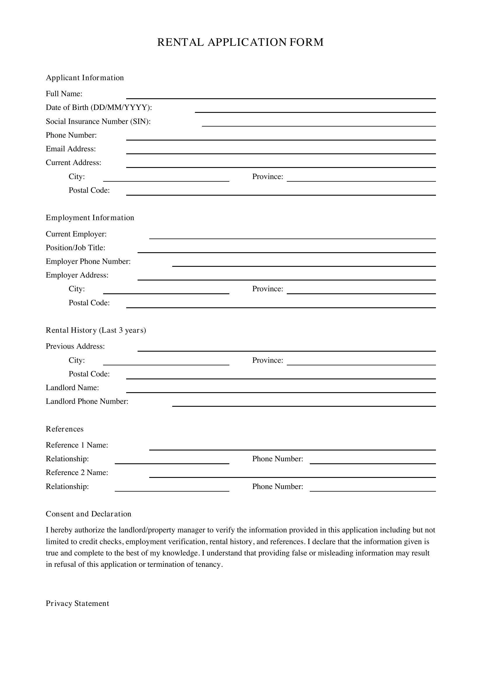 Printable Rental Application Form Template - Canada