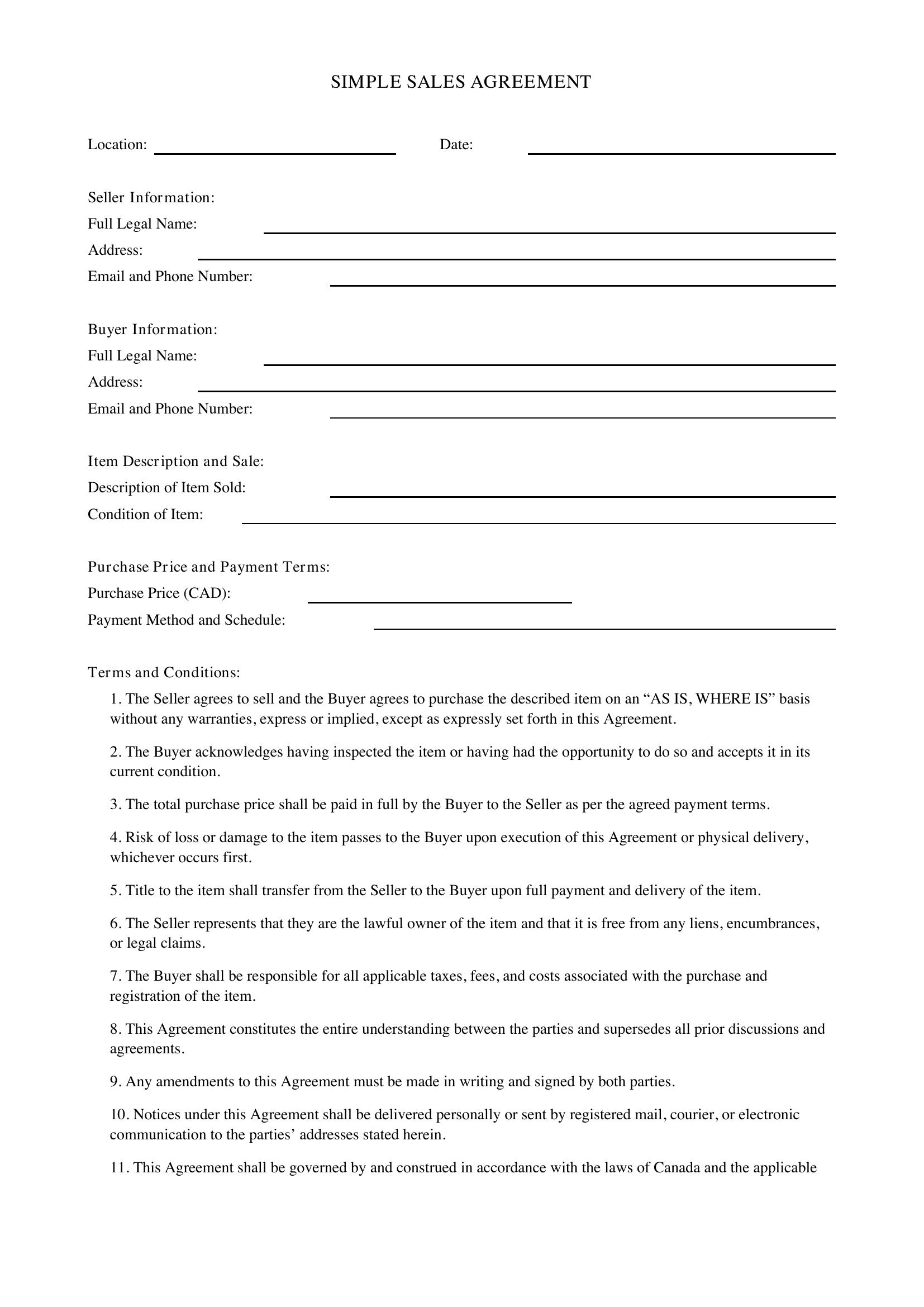 Printable Simple Sales Agreement Template - Canada