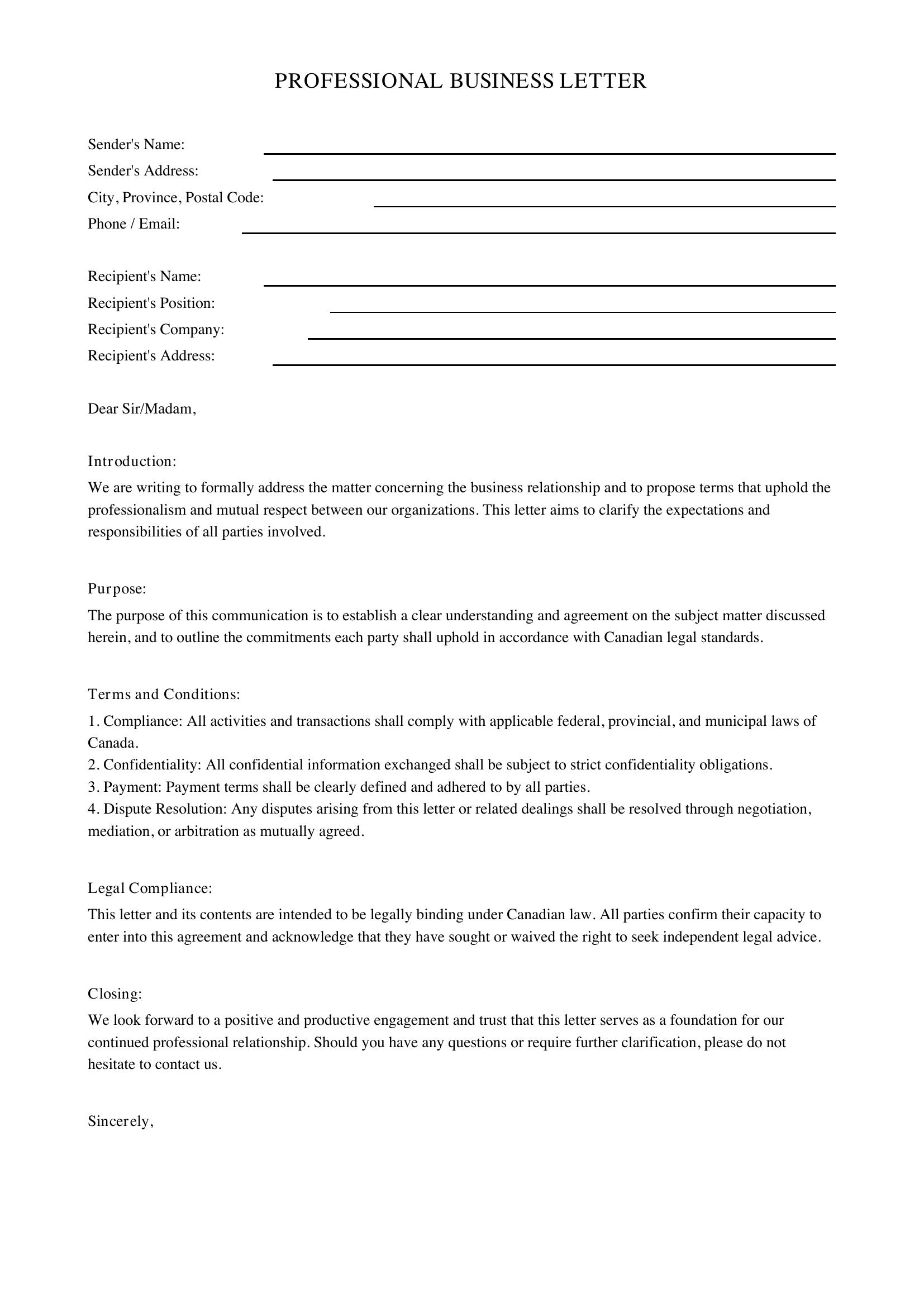 Professional Letter Template - Canada