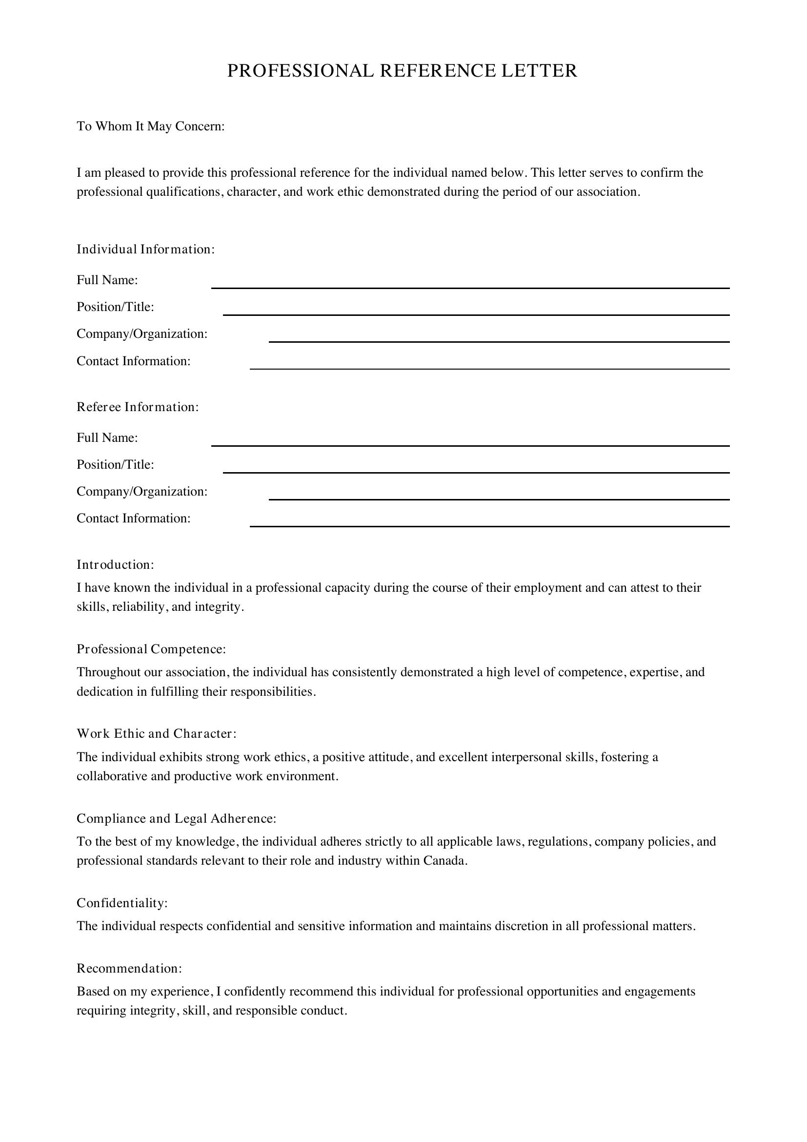 Professional Reference Letter Template - Canada