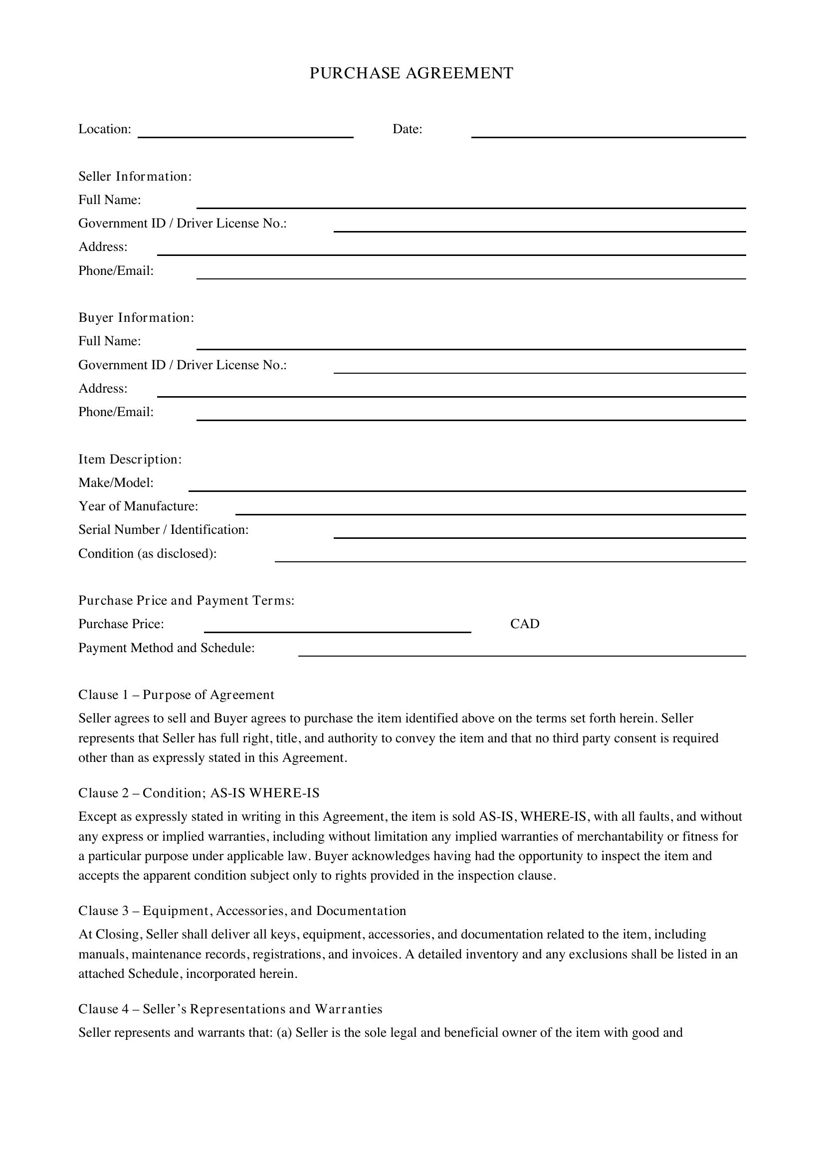 Purchase Agreement Template - Canada