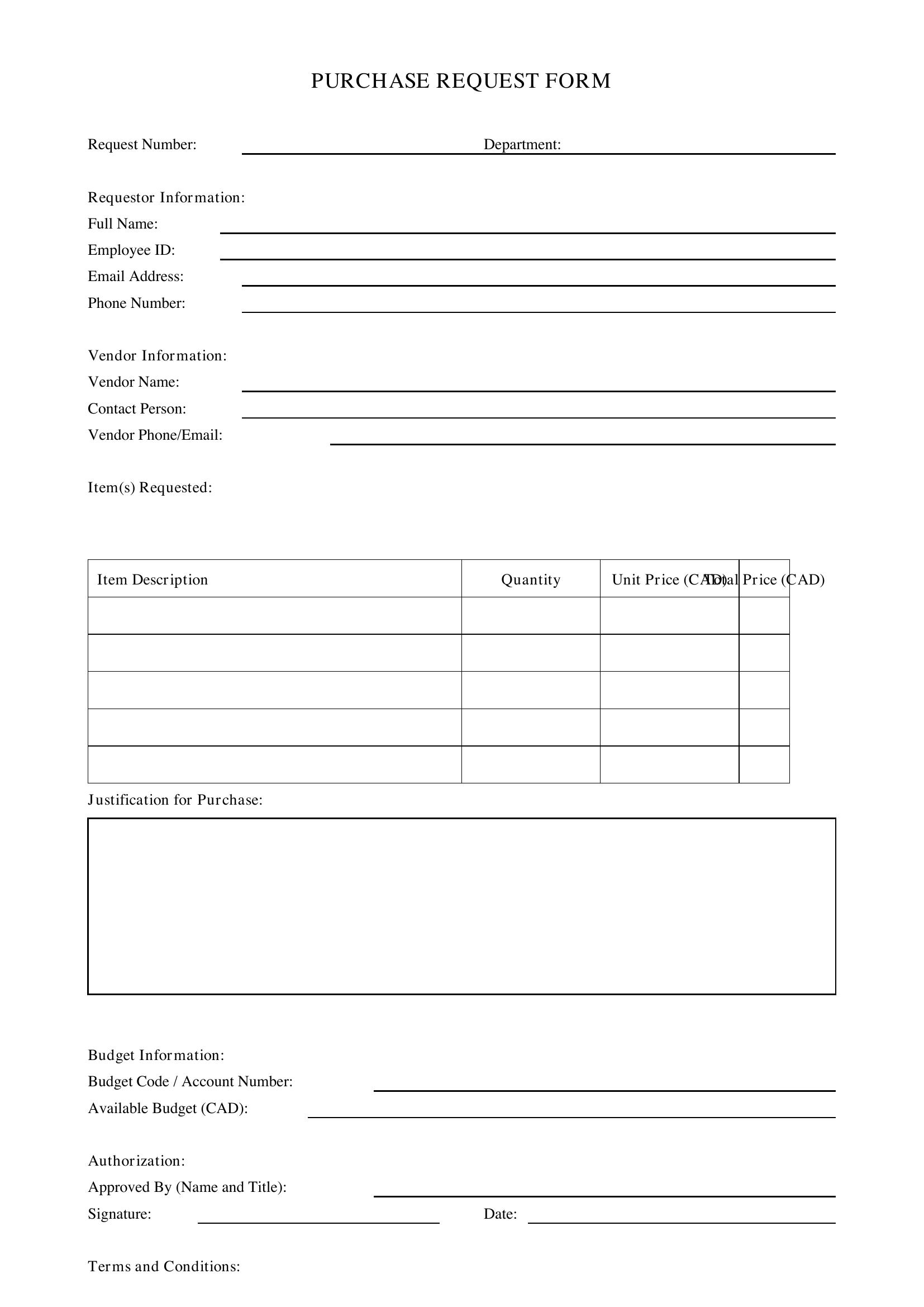 Purchase Request Form Template - Canada