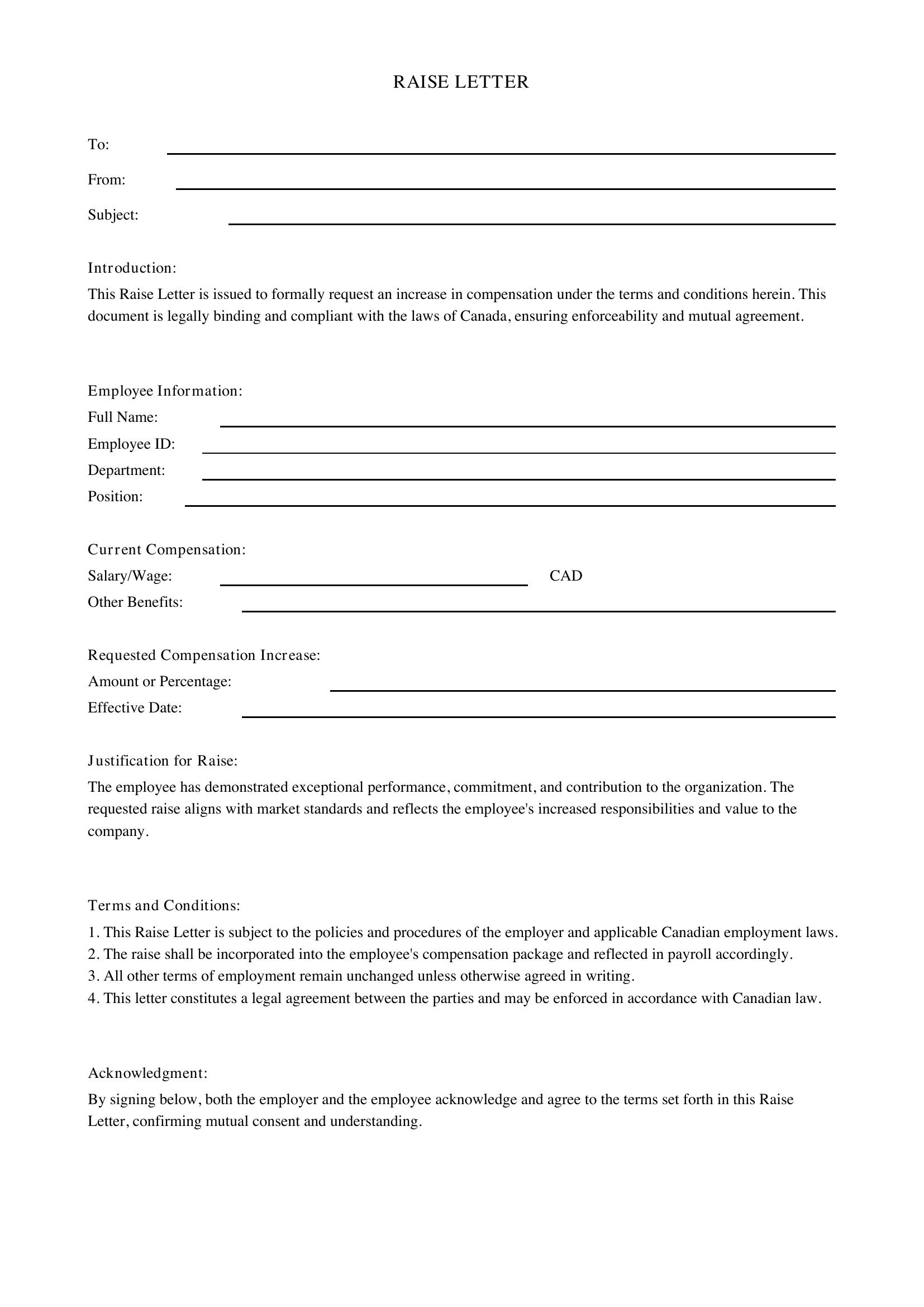 Raise Letter Template - Canada