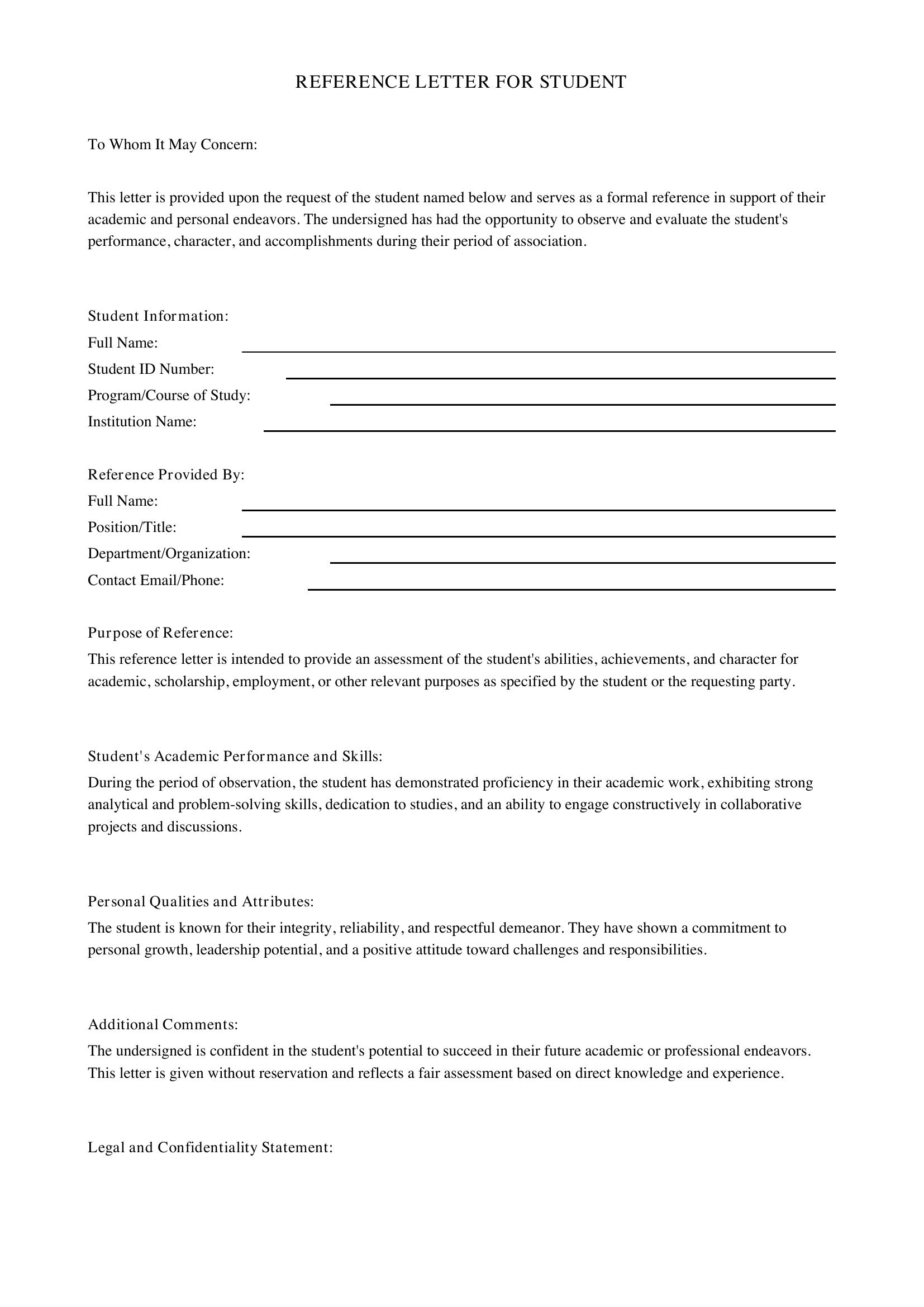 Reference Letter For Student Template - Canada