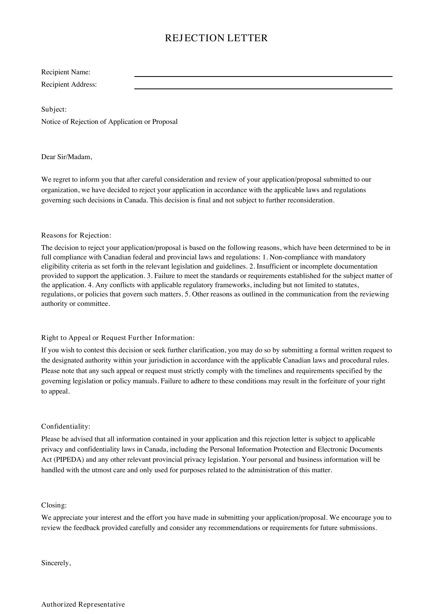 Rejection Letter Template - Canada