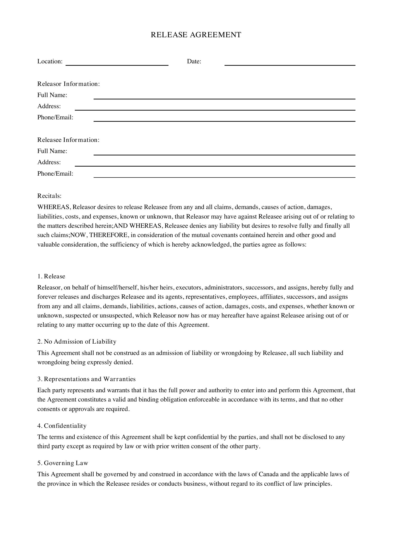 Release Agreement Template - Canada