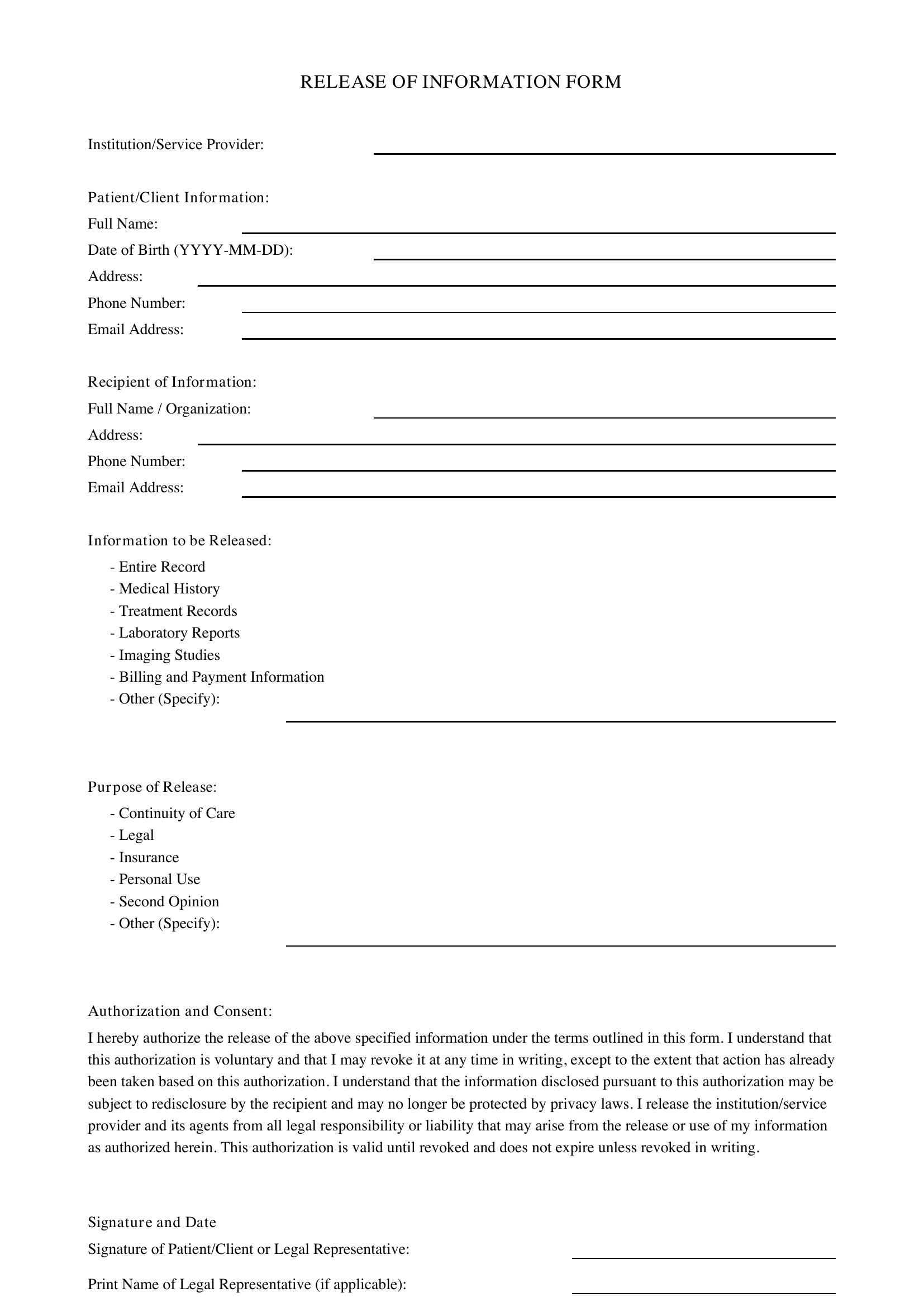 Release Of Information Form Template - Canada
