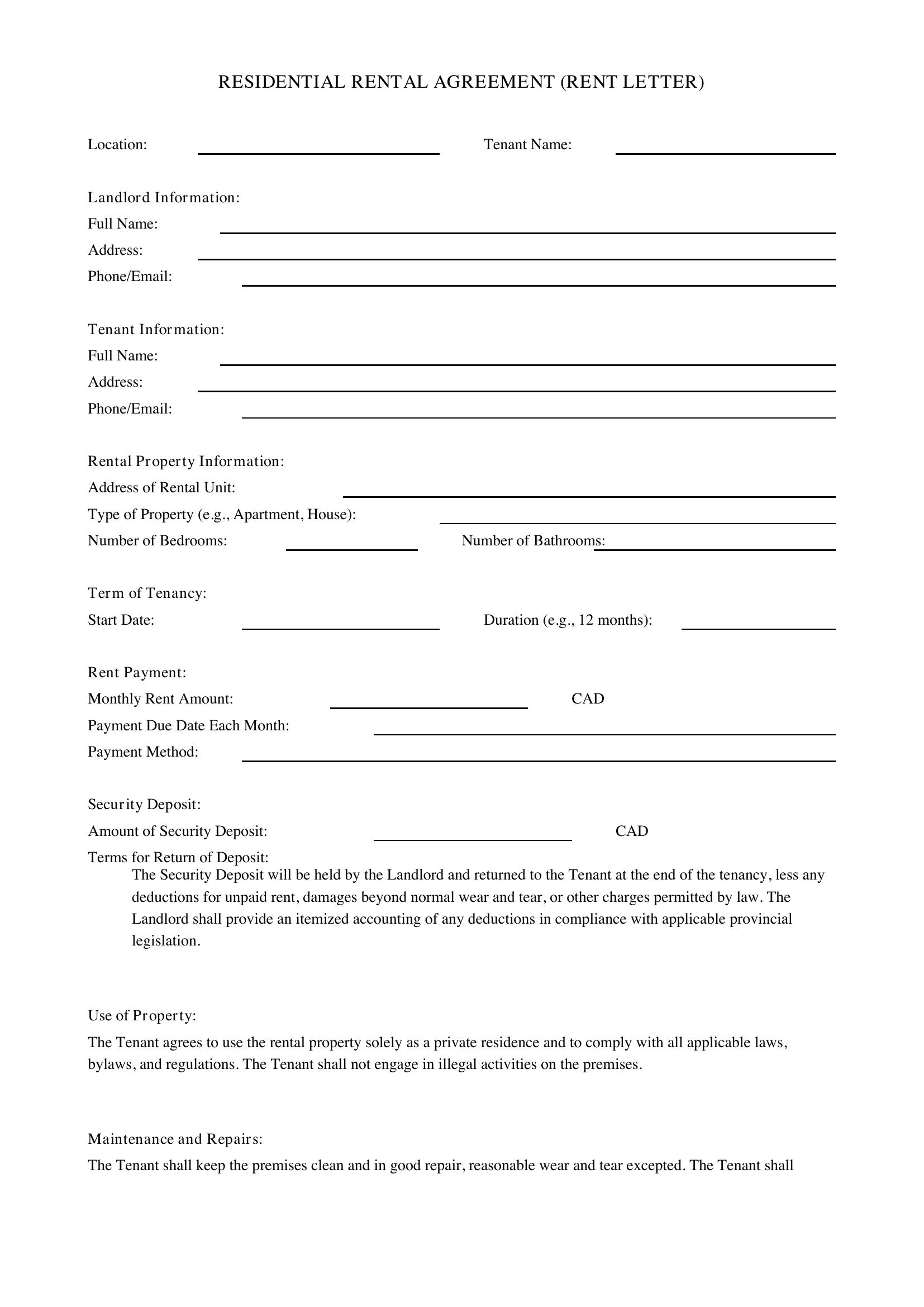 Rent Letter Template - Canada