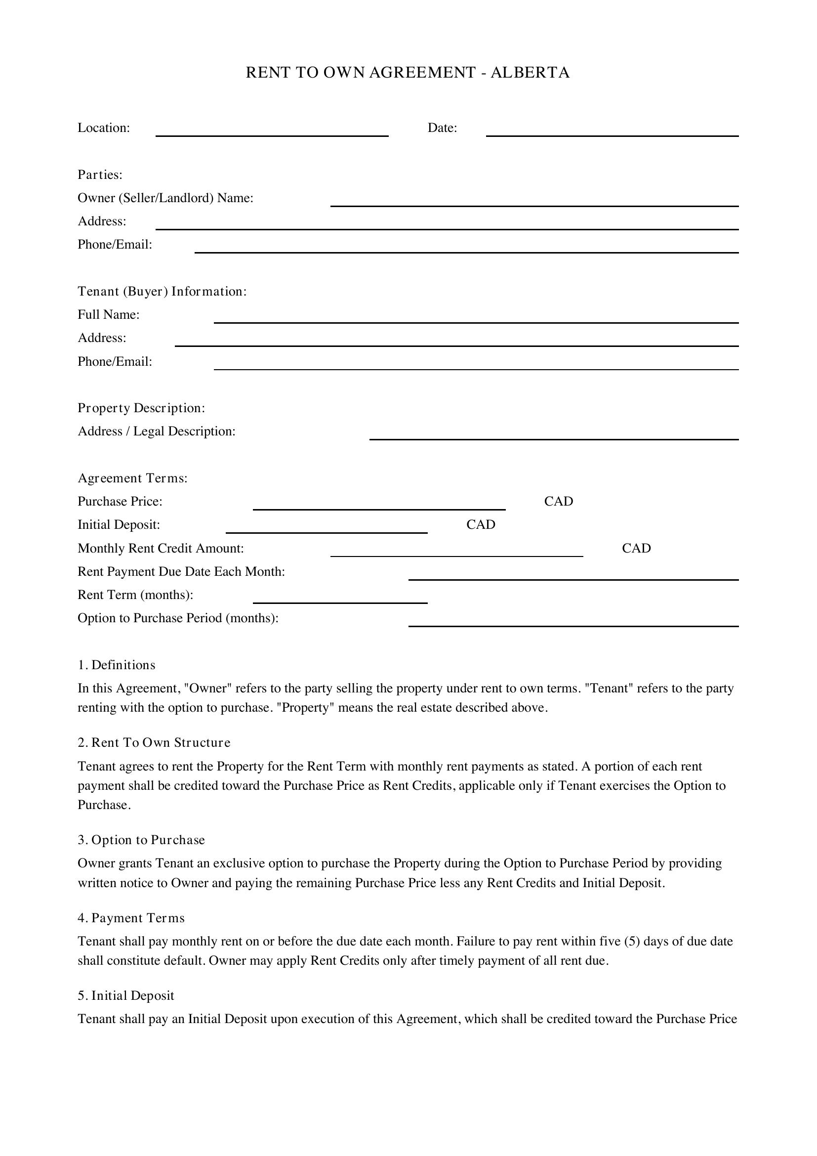 Rent To Own Agreement Alberta Template - Canada