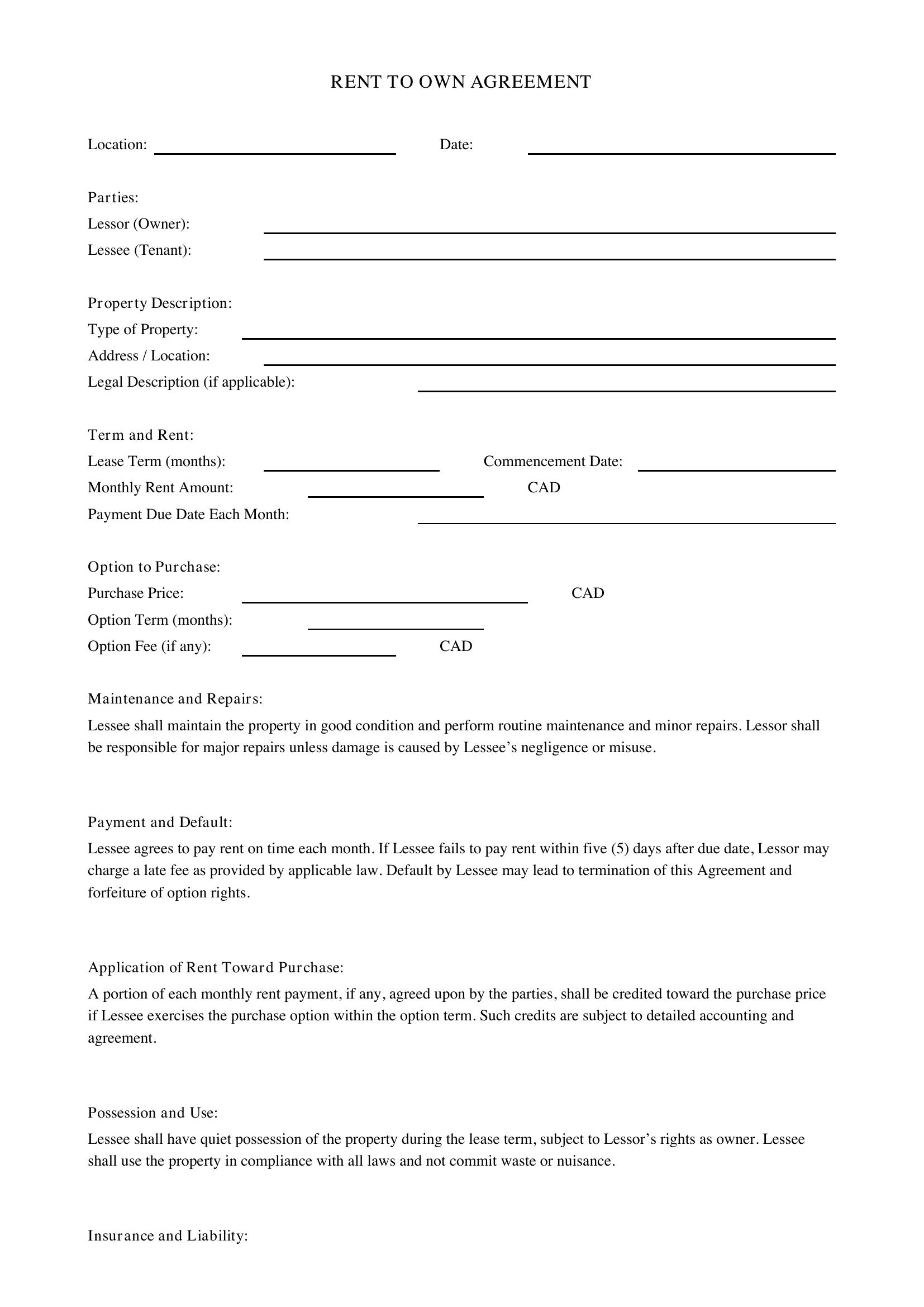 Rent To Own Contract Template - Canada