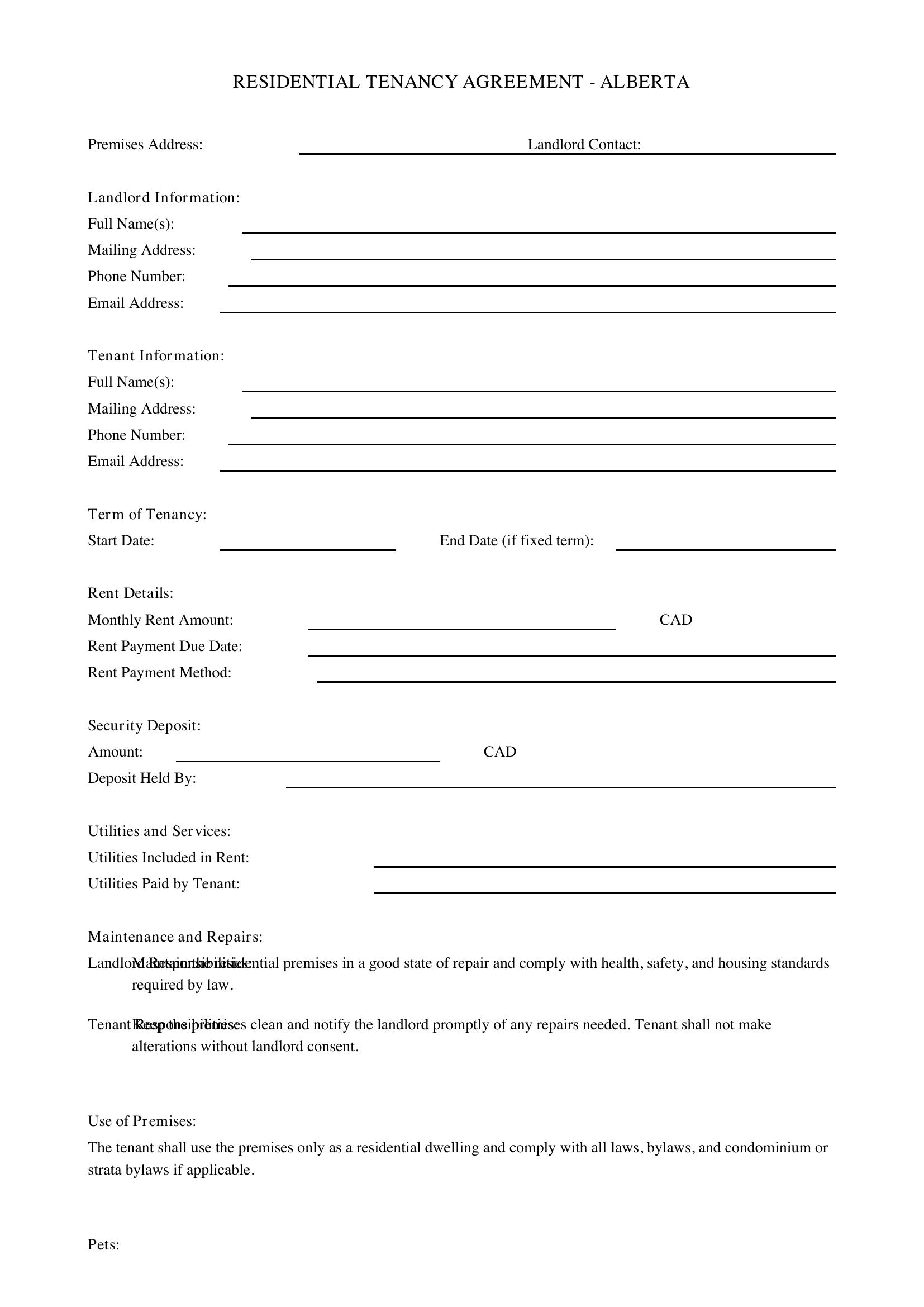 Rental Agreement Alberta Template - Canada