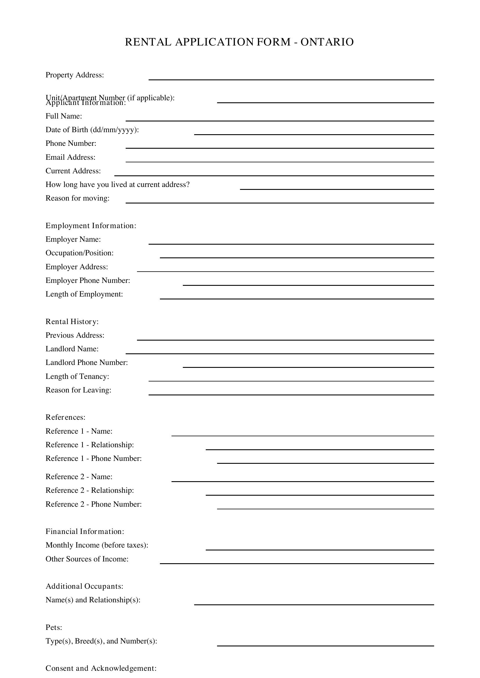 Rental Application Form Ontario Template - Canada