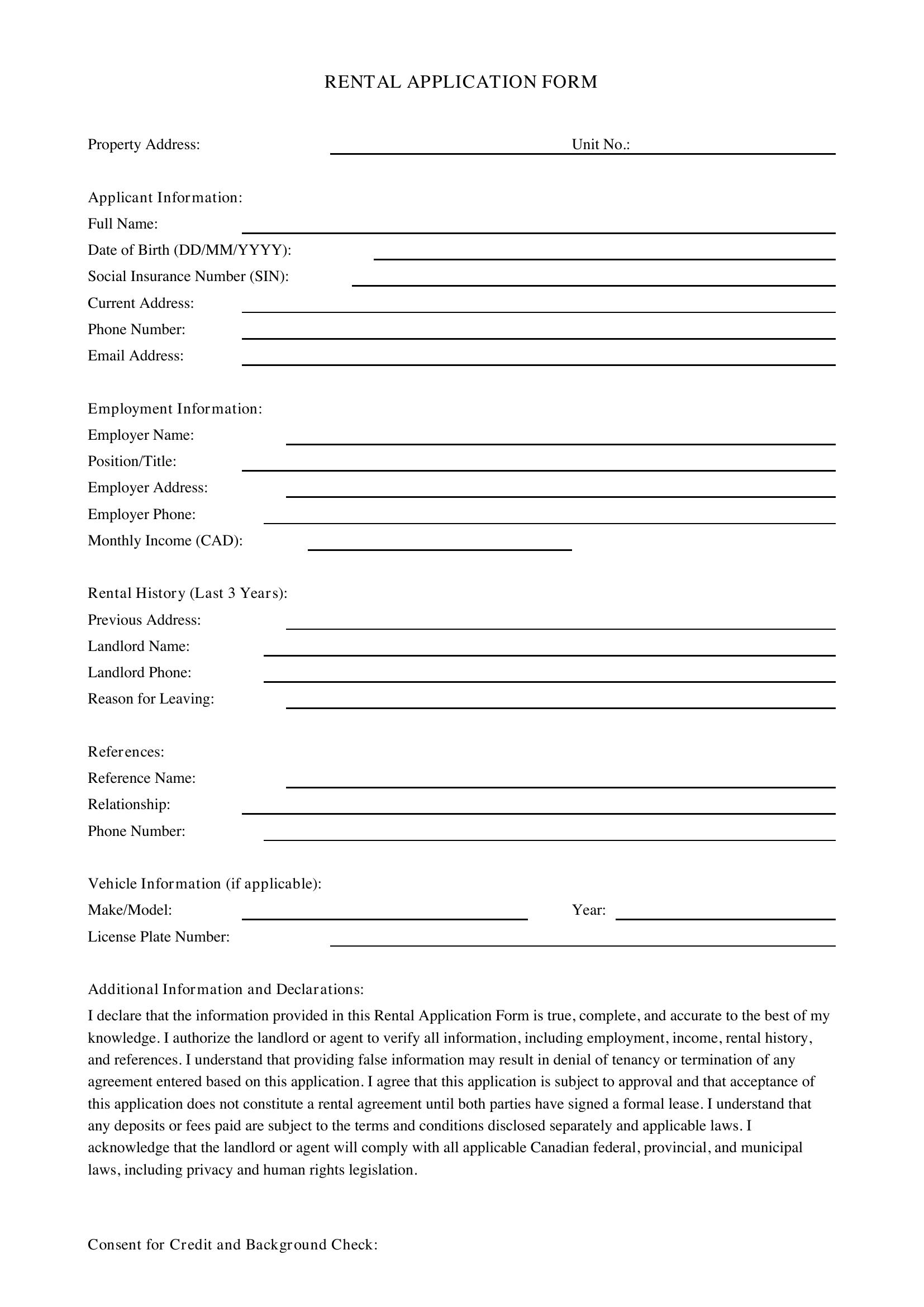 Rental Application Form Template - Canada