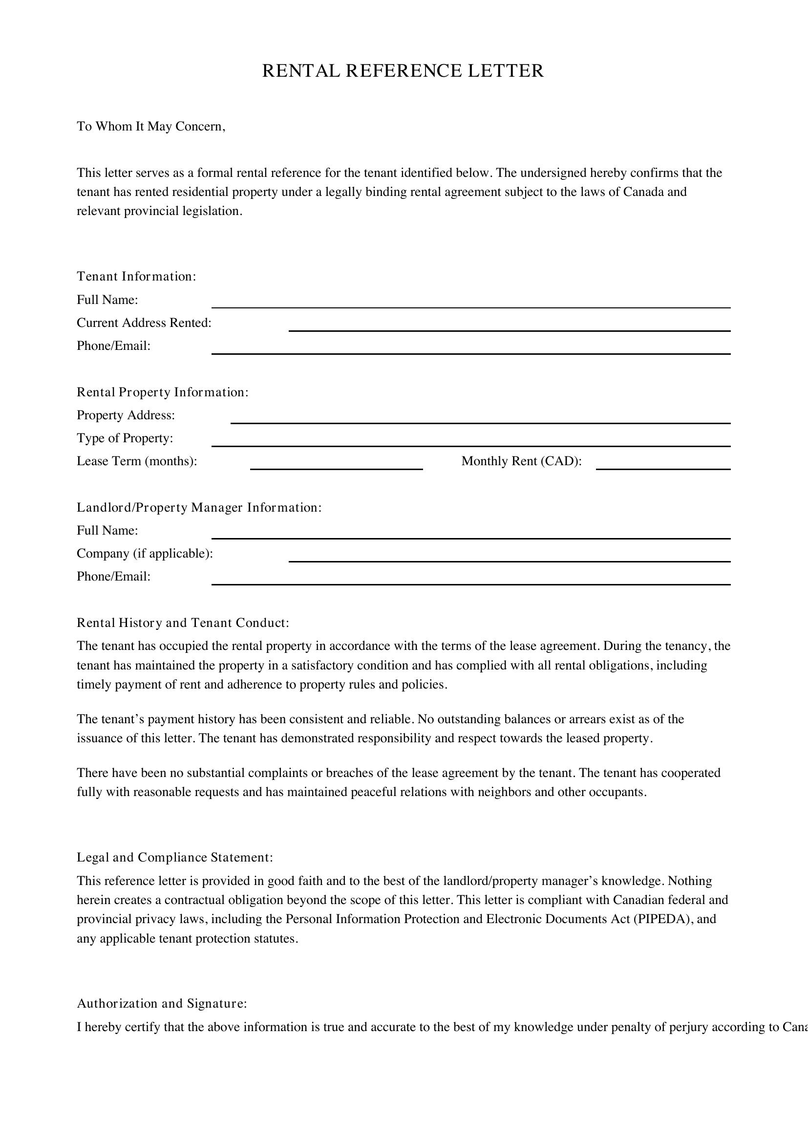 Rental Reference Letter Template - Canada