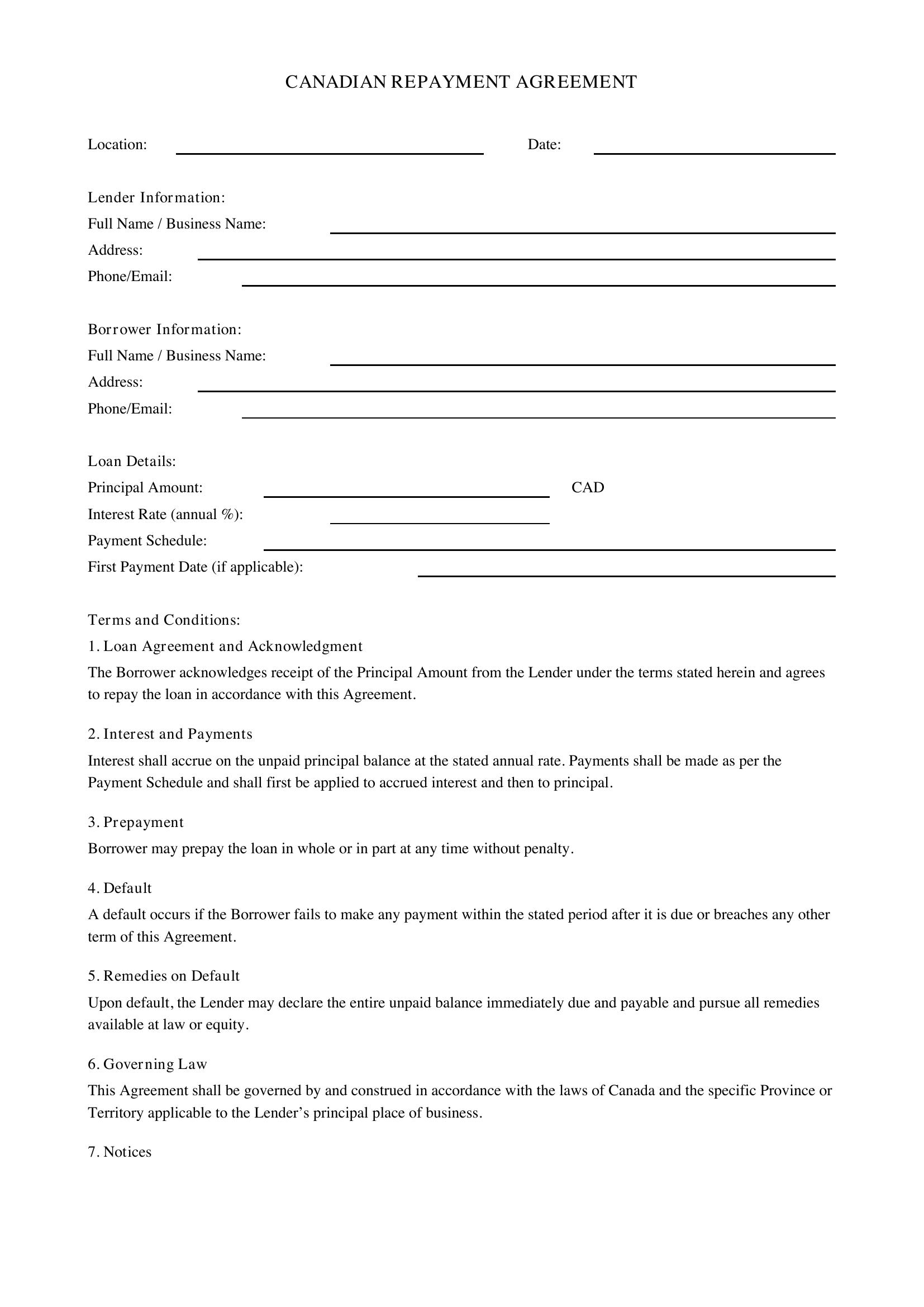 Repayment Agreement Template - Canada