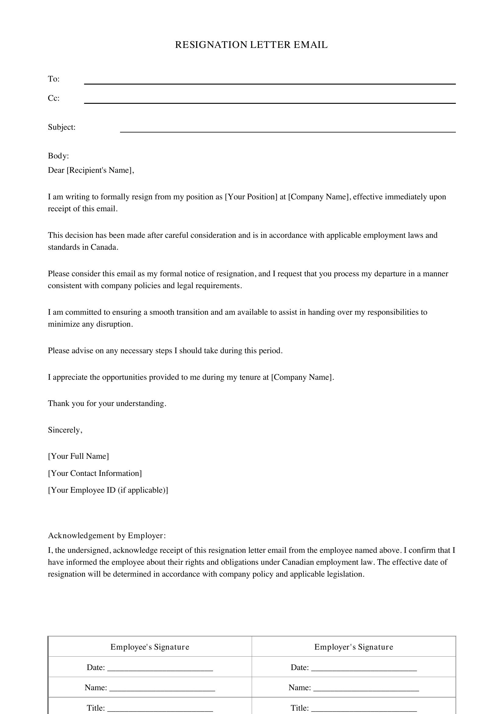 Resignation Letter Email Template - Canada
