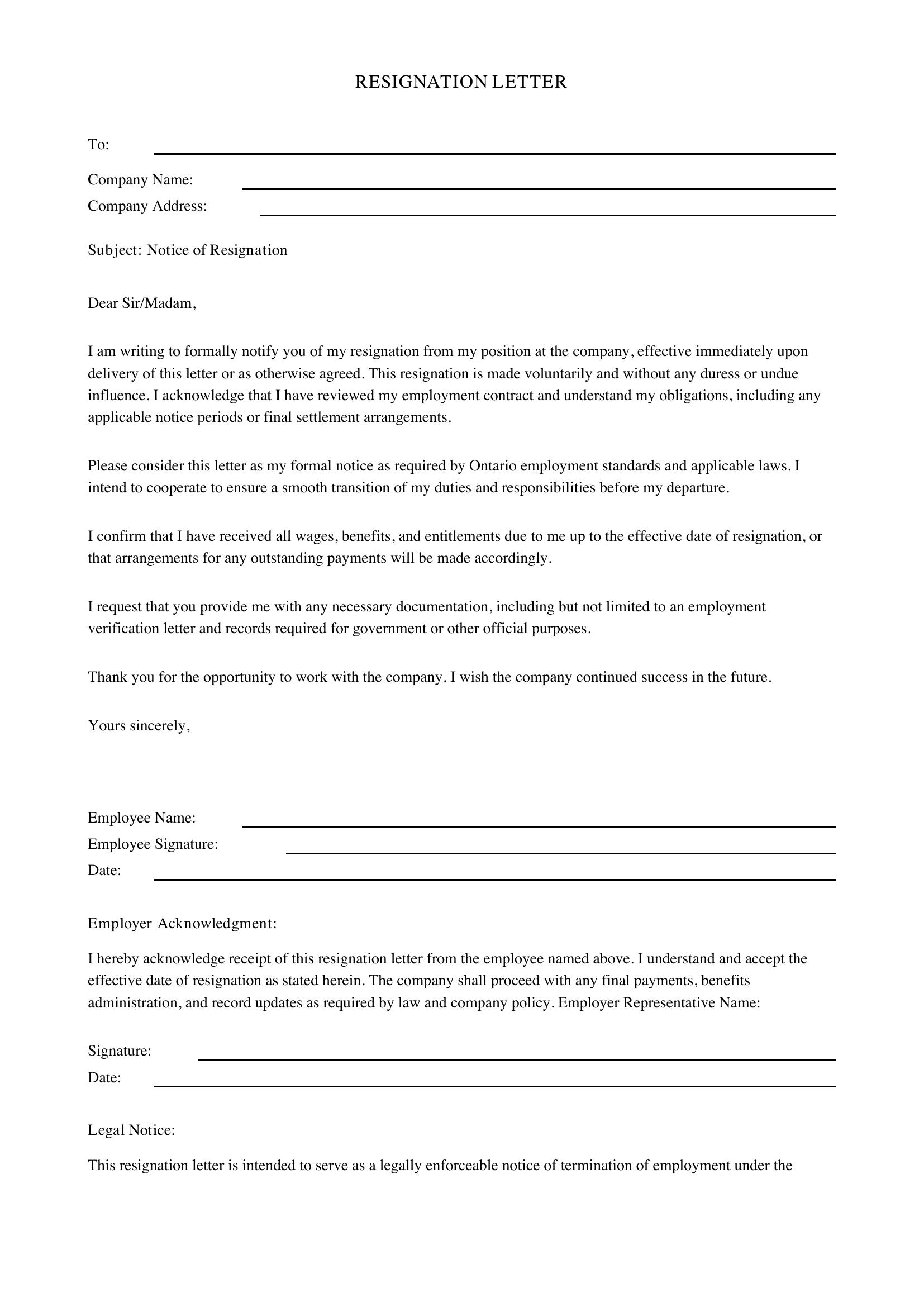 Resignation Letter Ontario Template - Canada