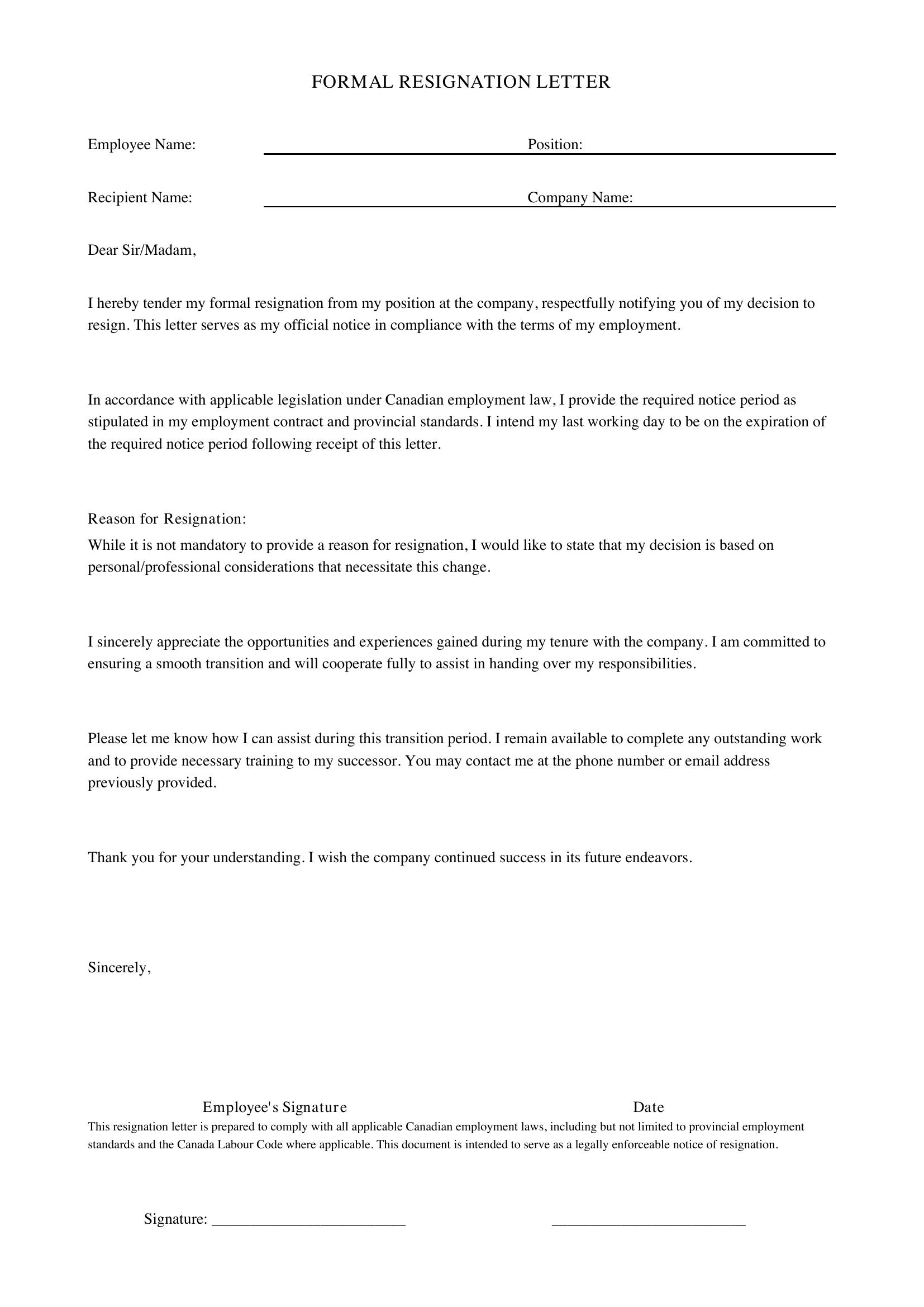 Resignation Letter Template - Canada