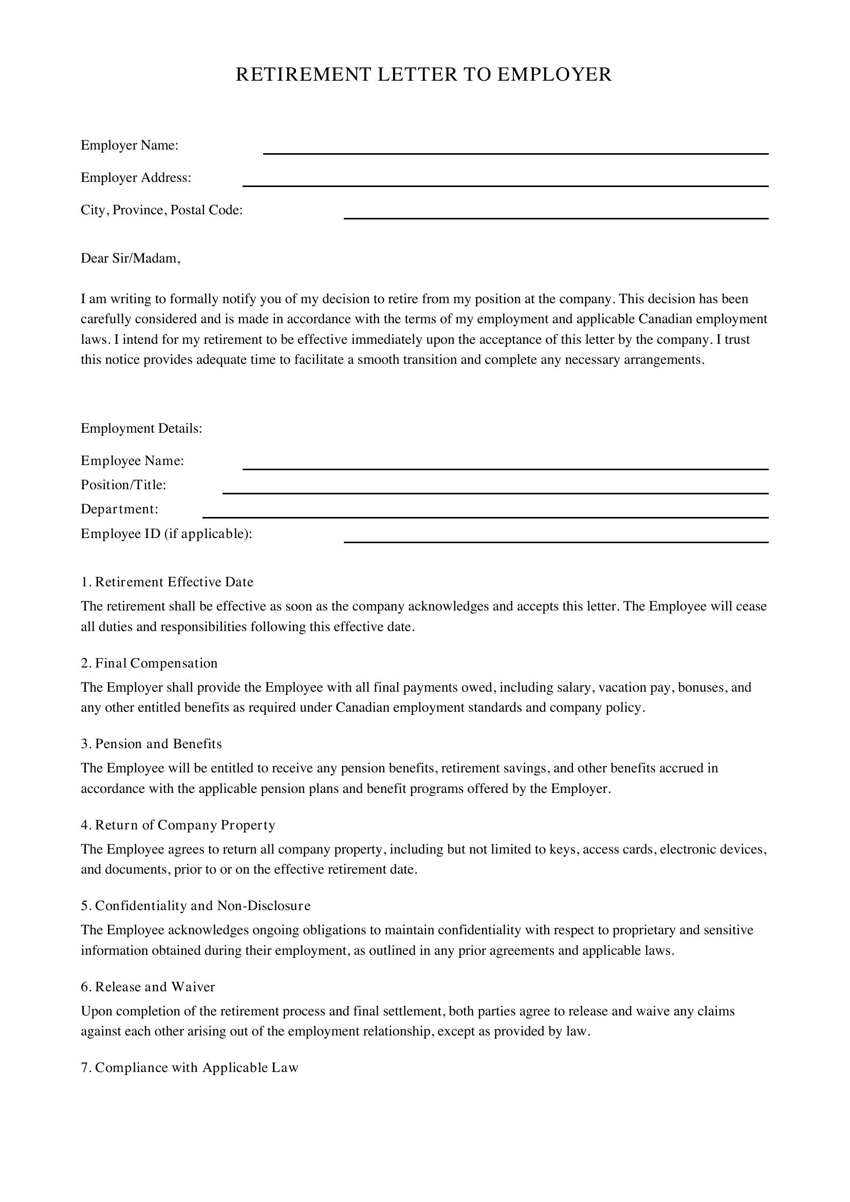 Retirement Letter To Employer Template - Canada
