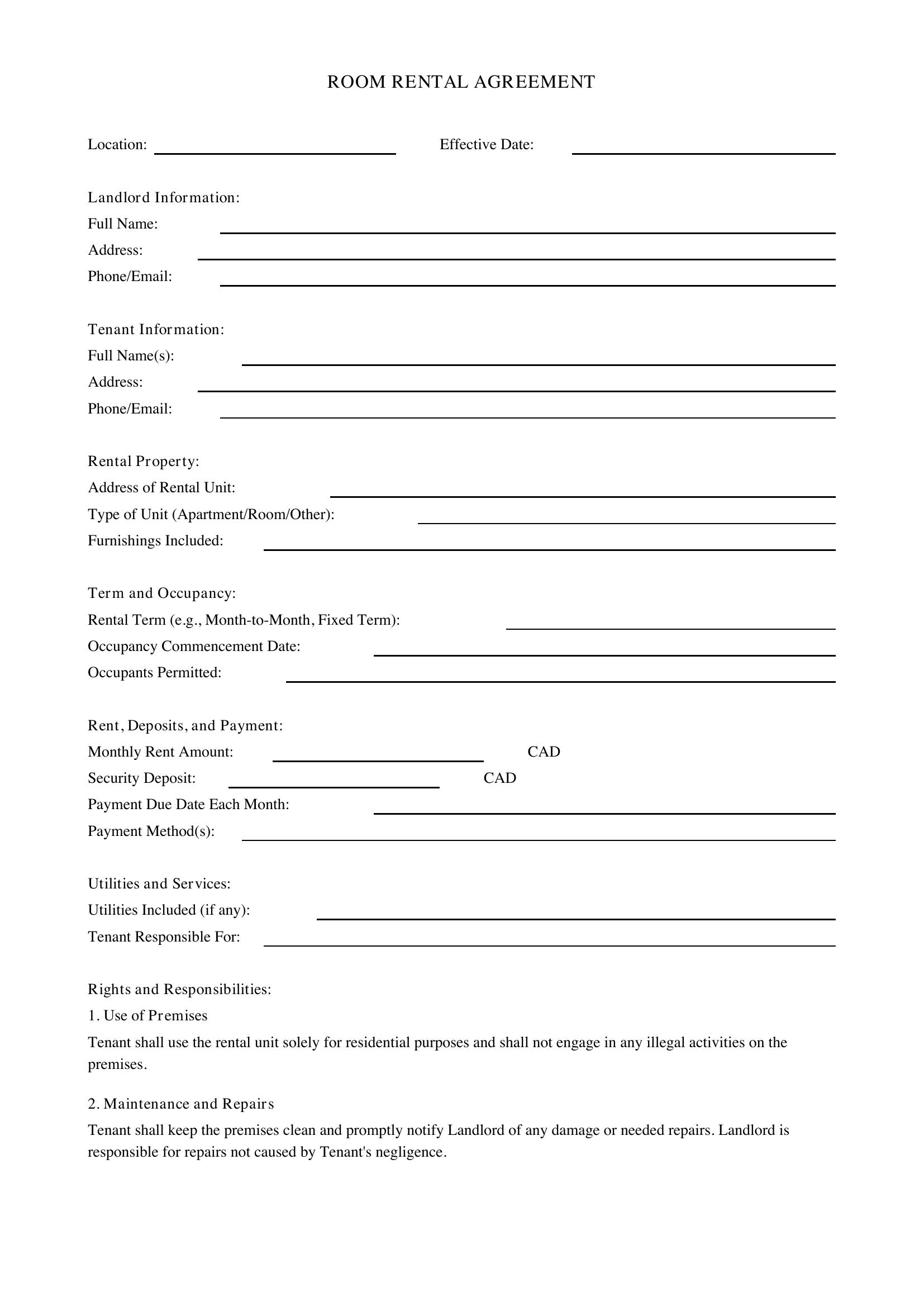 Room Rental Agreement Template - Canada