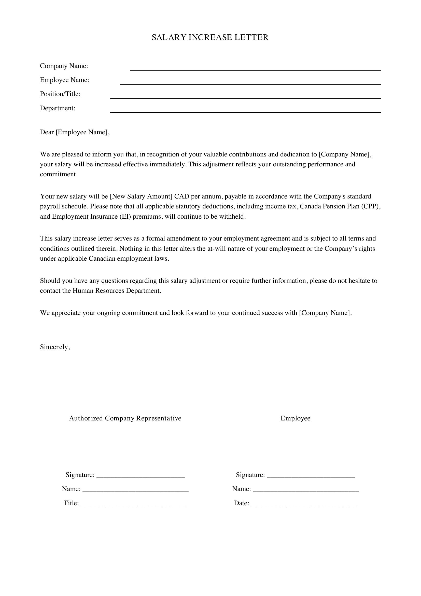 Salary Increase Letter Template - Canada