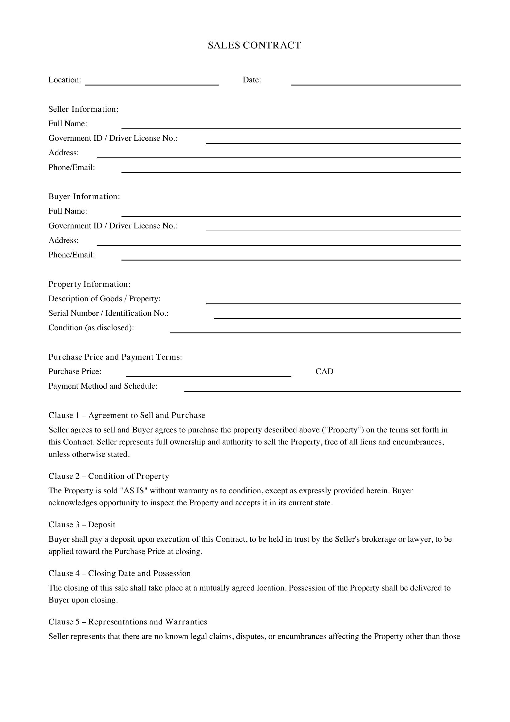Sales Contract Template - Canada