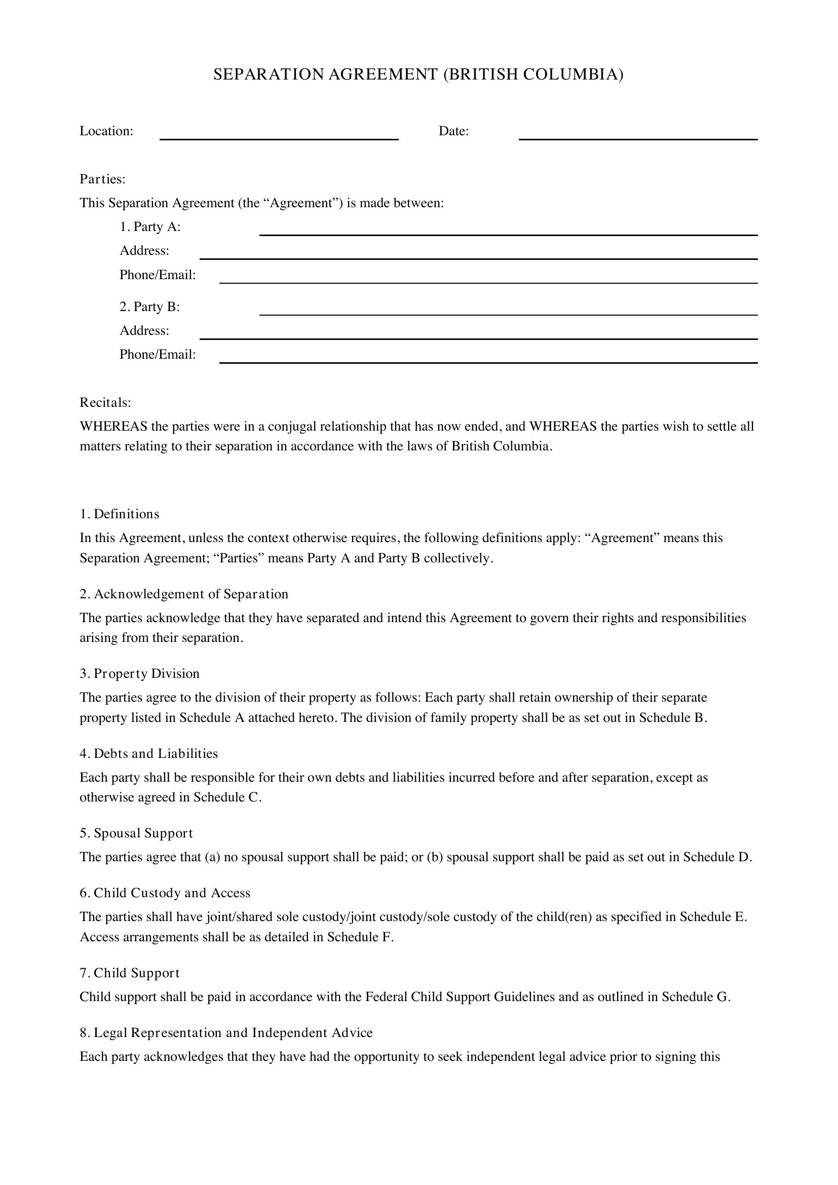 Separation Agreement Bc Template - Canada