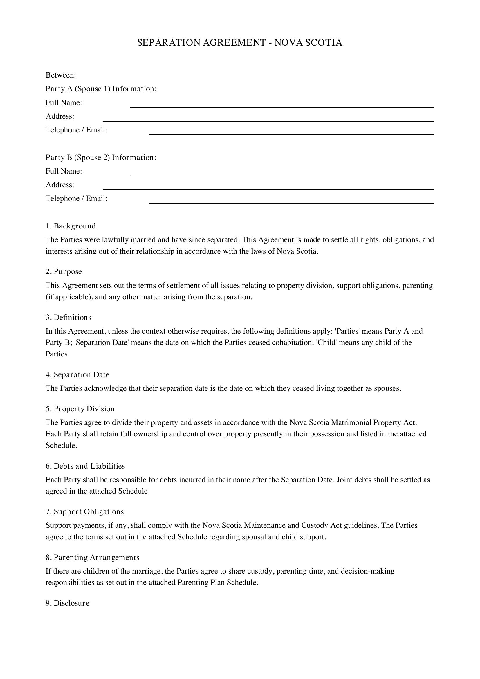 Separation Agreement Nova Scotia Template - Canada