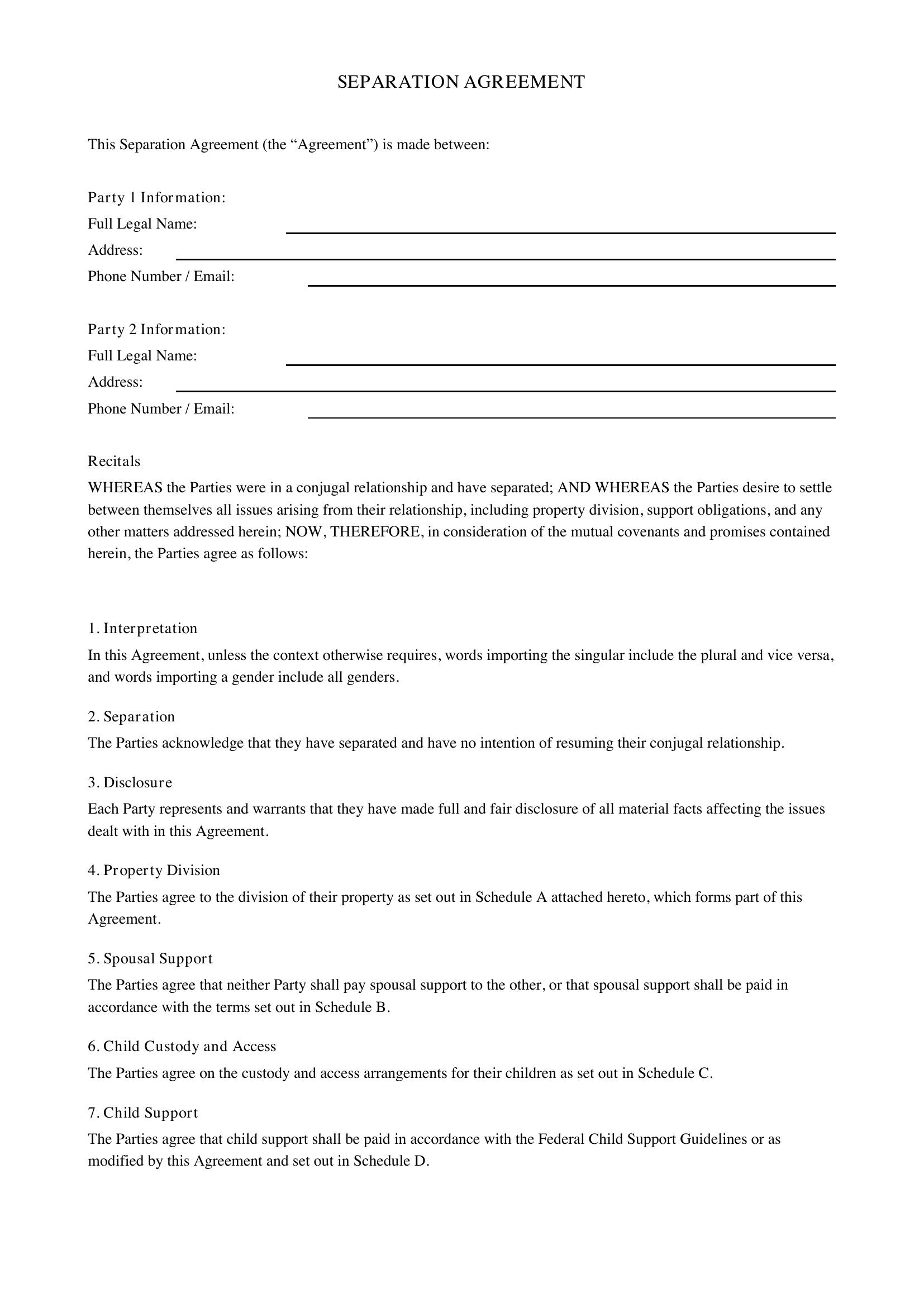 Separation Agreement Ontario Document Template - Canada