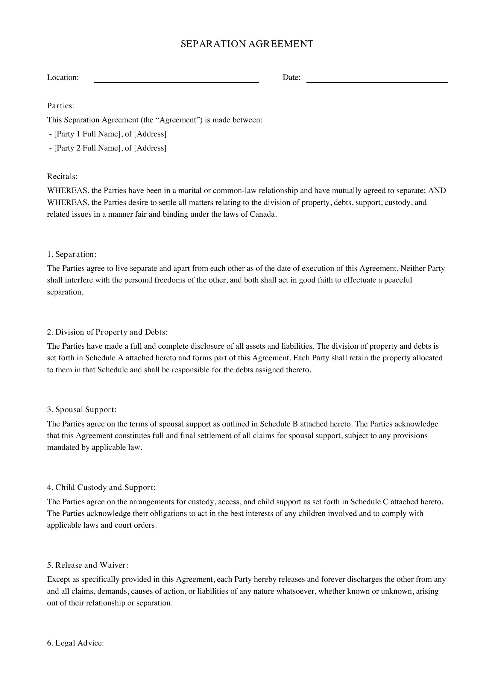 Separation Agreement Template - Canada