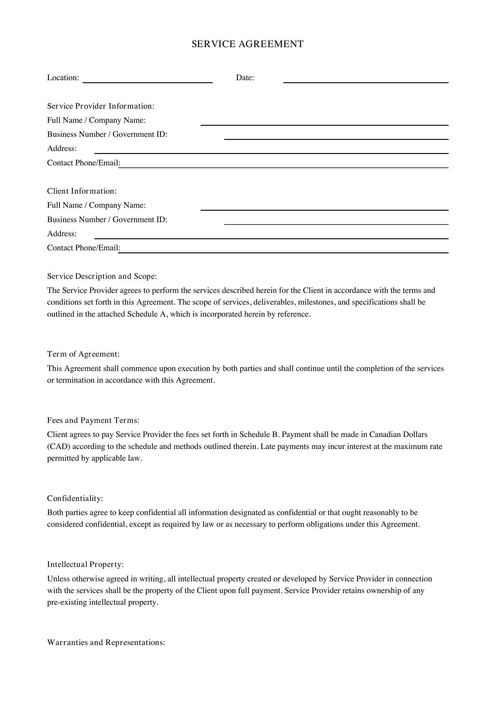 Service Agreement Template - Canada