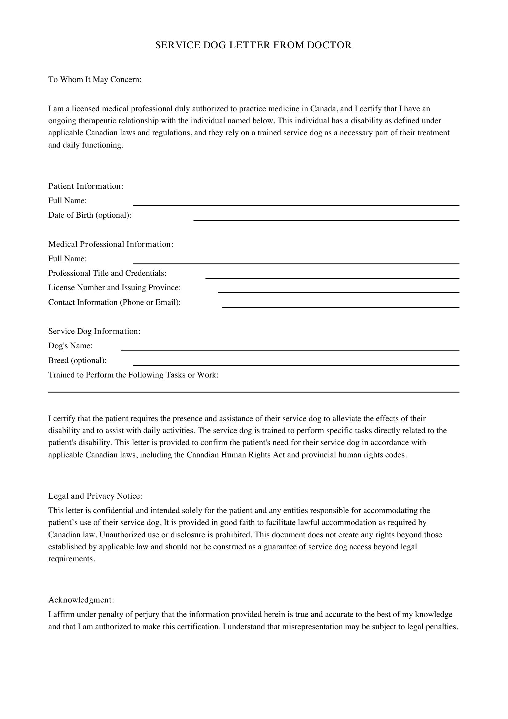 Service Dog Letter From Doctor Template - Canada