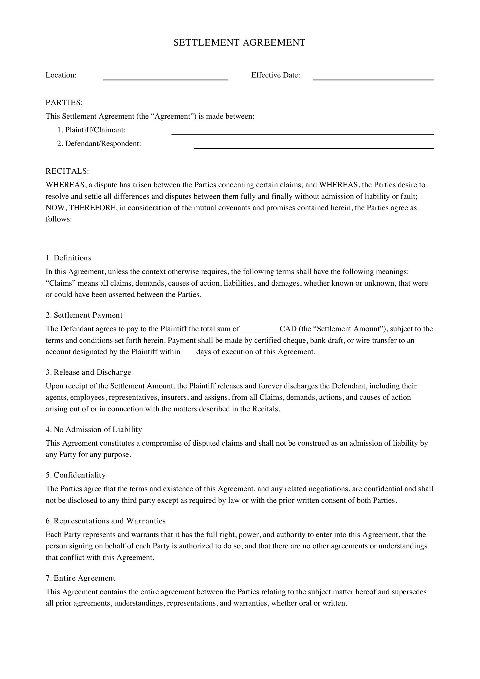 Settlement Agreement Template - Canada