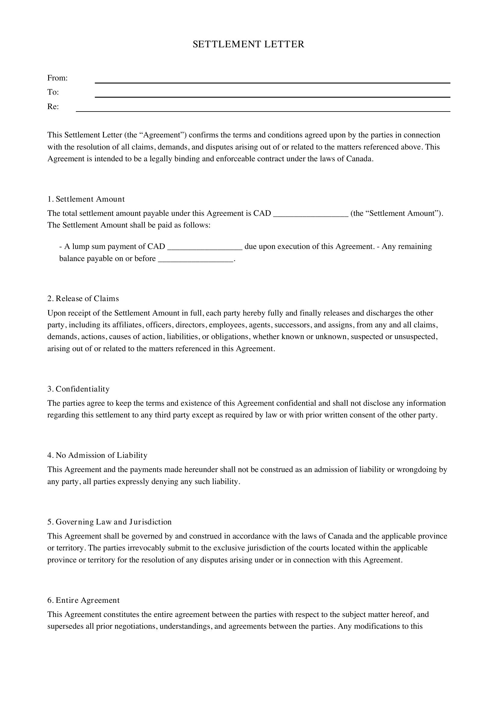 Settlement Letter Template - Canada