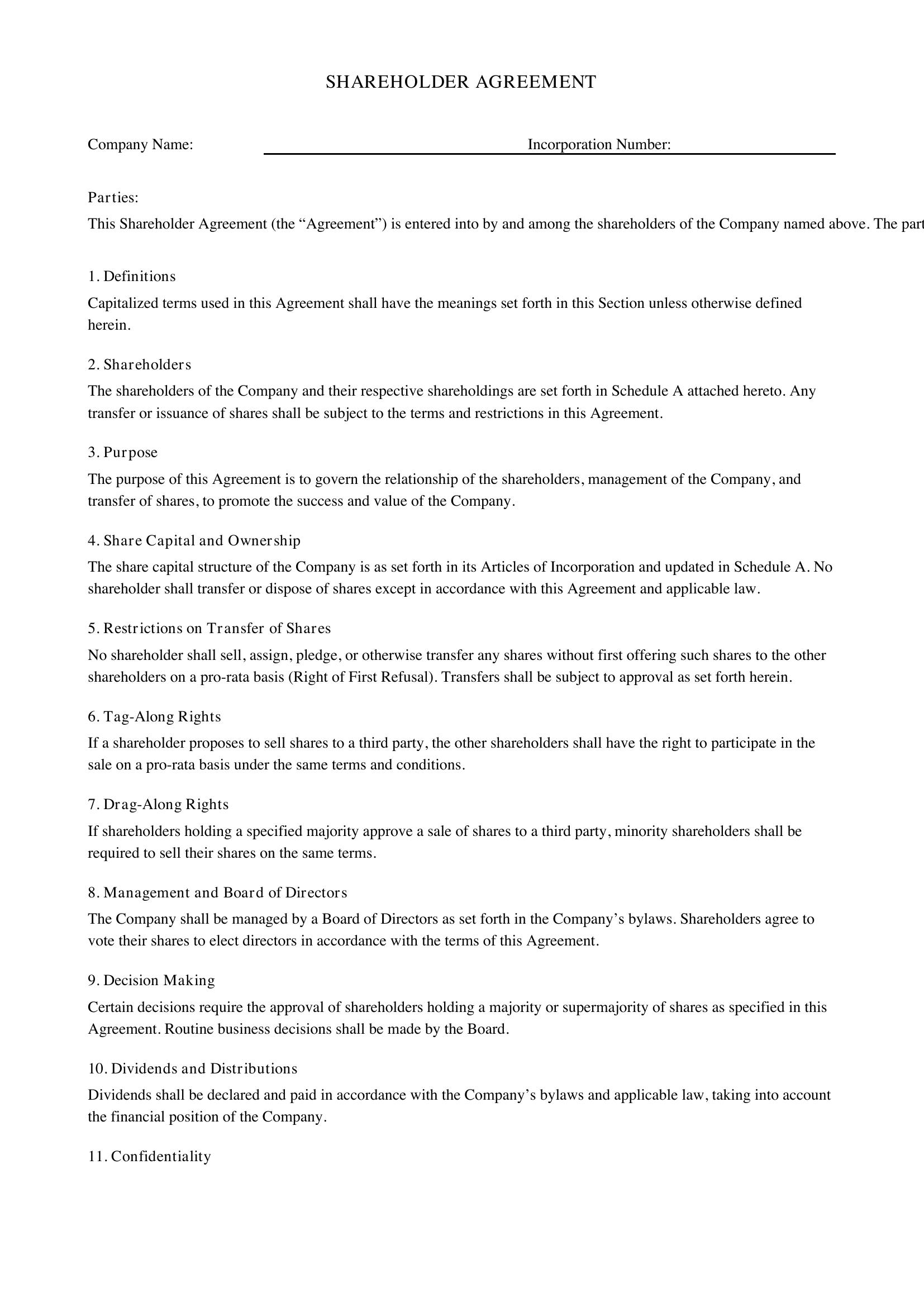 Shareholder Agreement Template - Canada