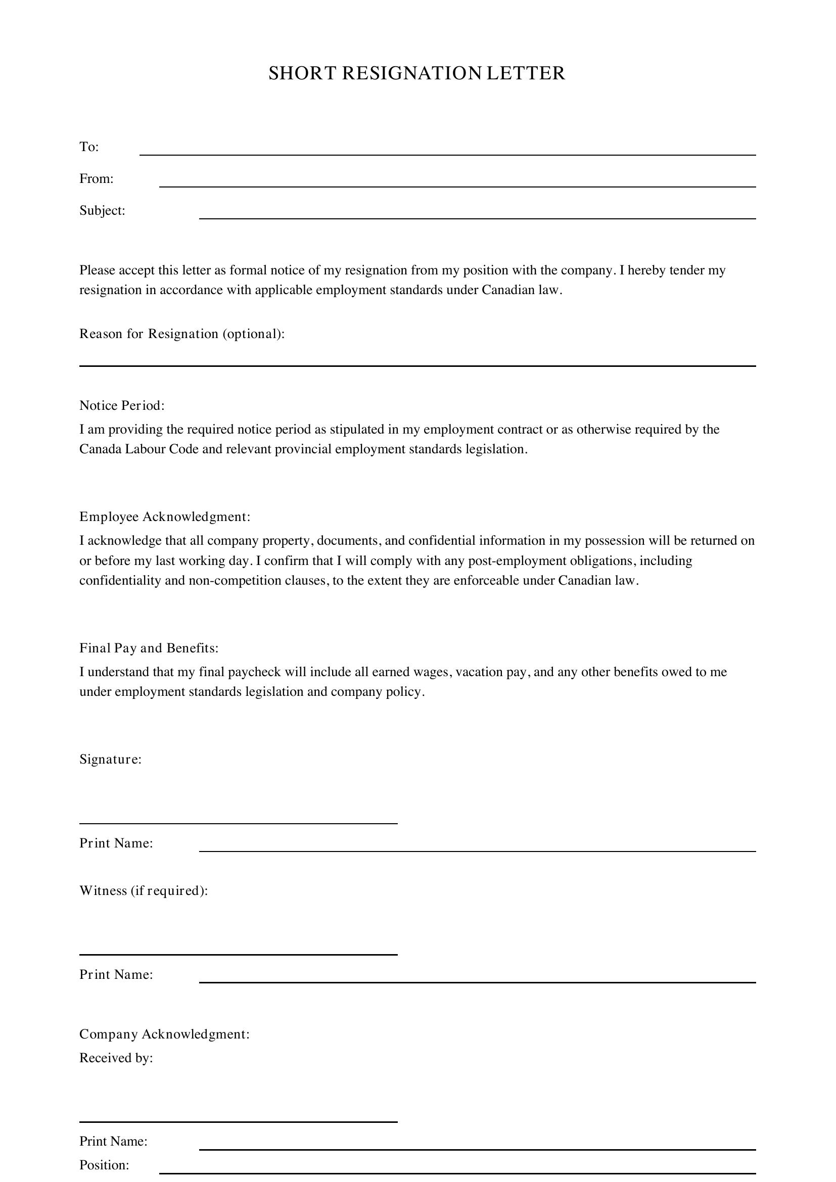 Short Resignation Letter Template - Canada