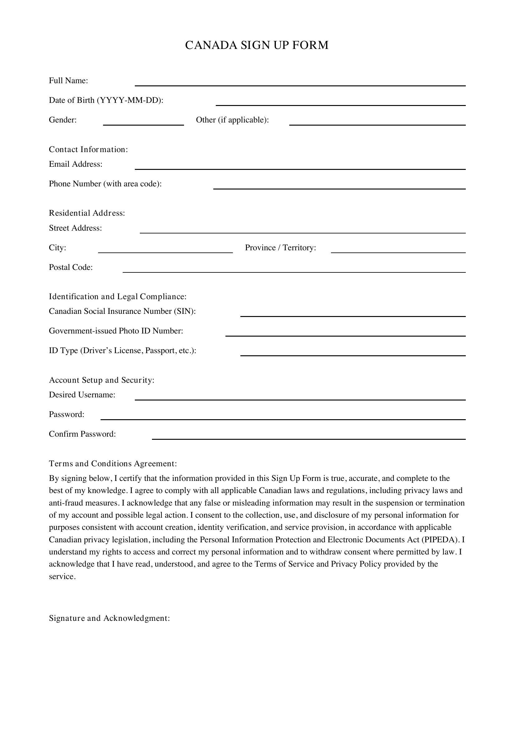 Sign Up Form Template - Canada