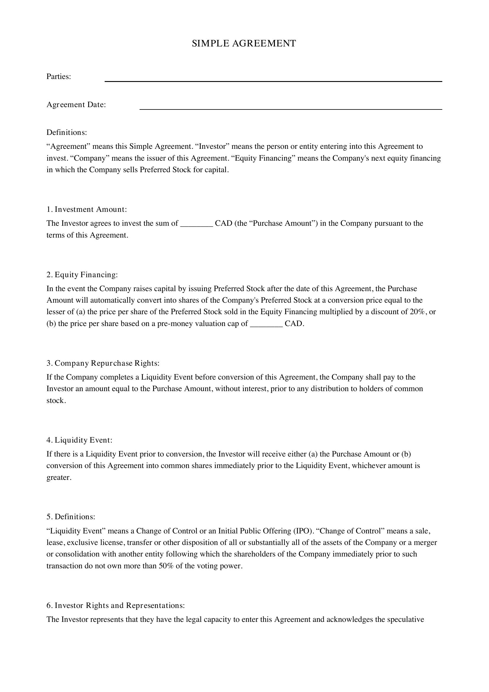 Simple Agreement Template - Canada