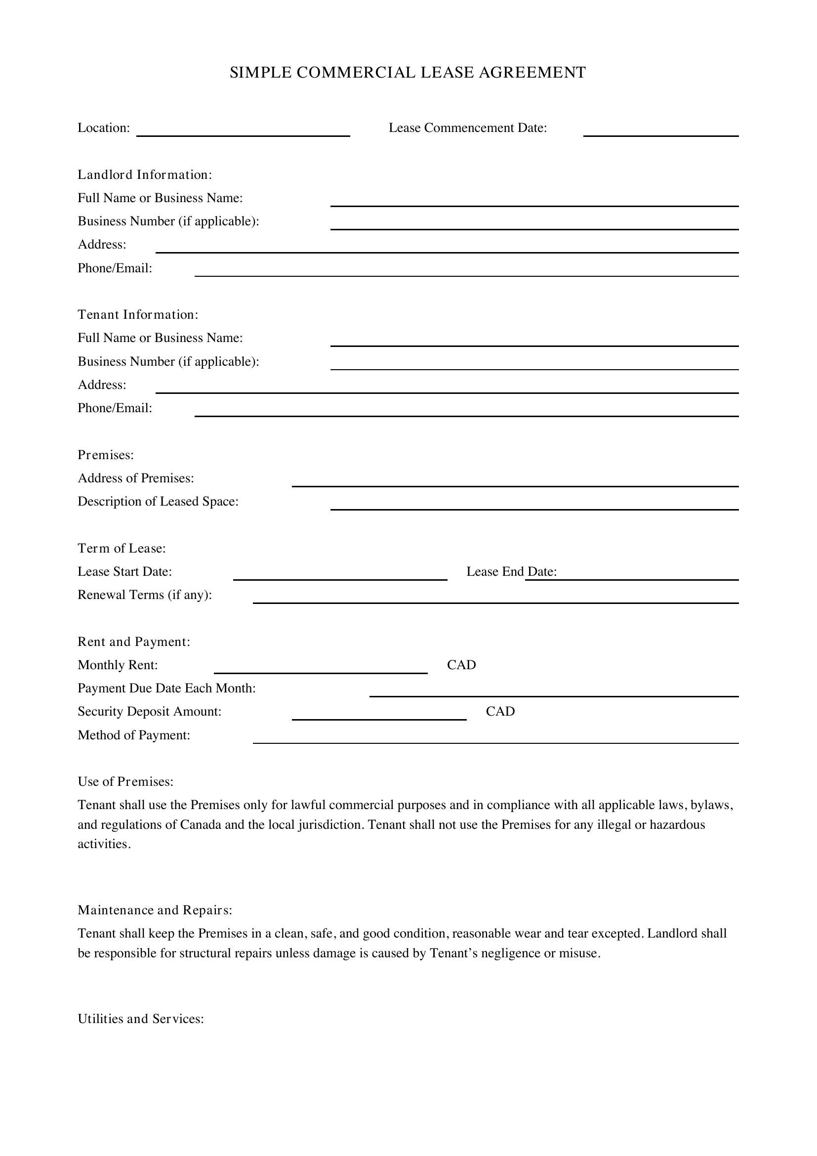 Simple Commercial Lease Agreement Template - Canada