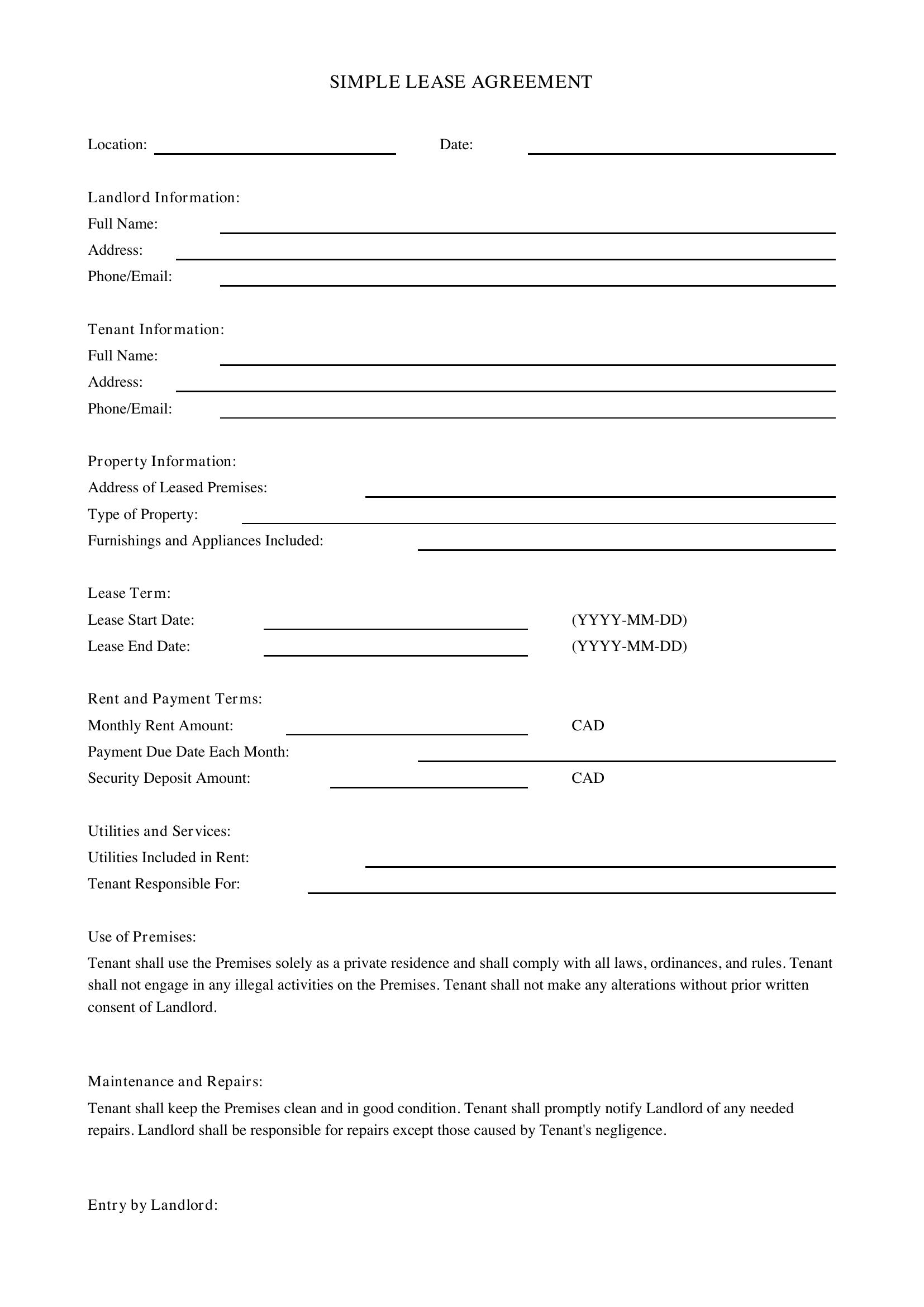 Simple Lease Agreement Template - Canada
