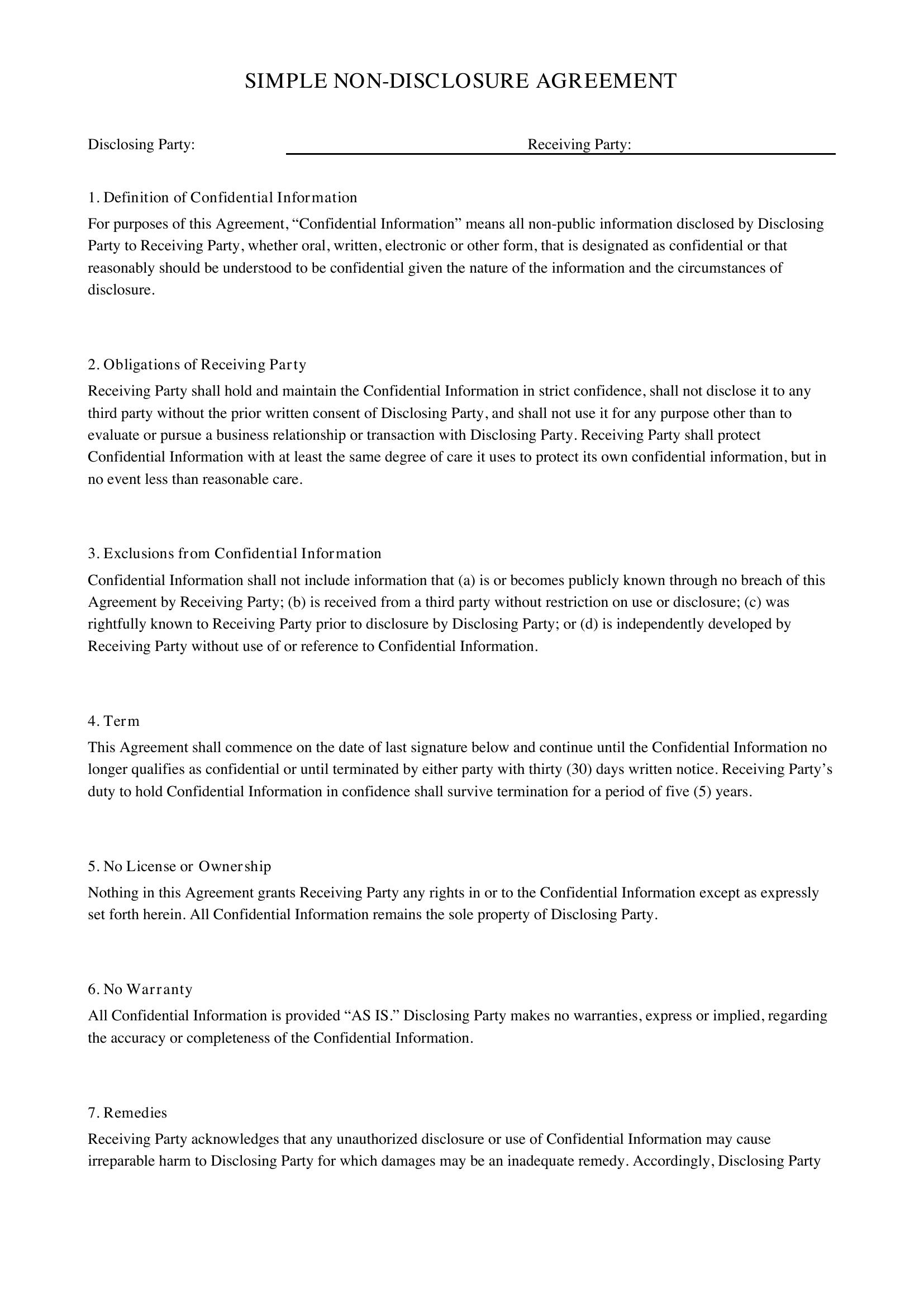 Simple Non Disclosure Agreement Template - Canada