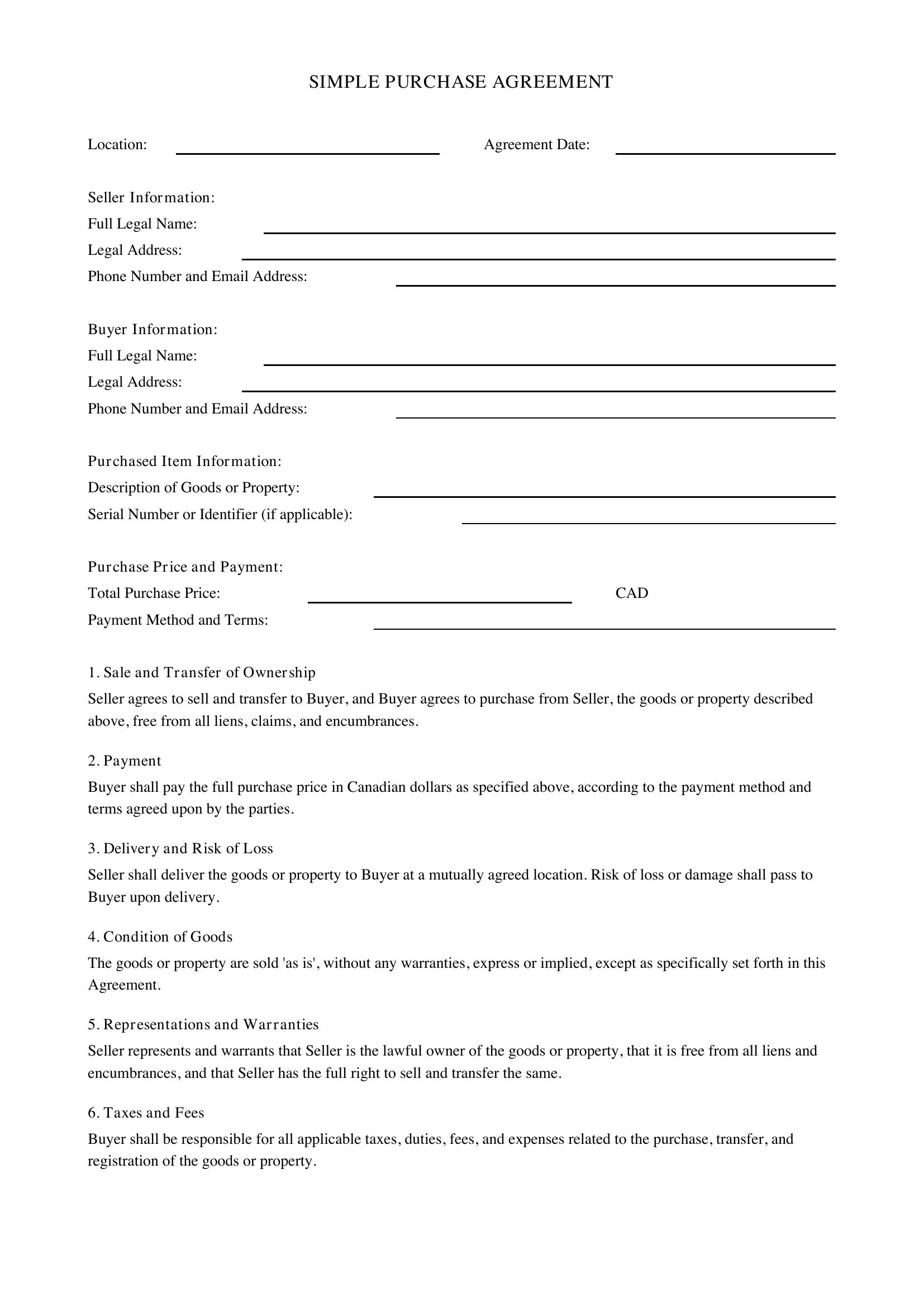 Simple Purchase Agreement Template - Canada