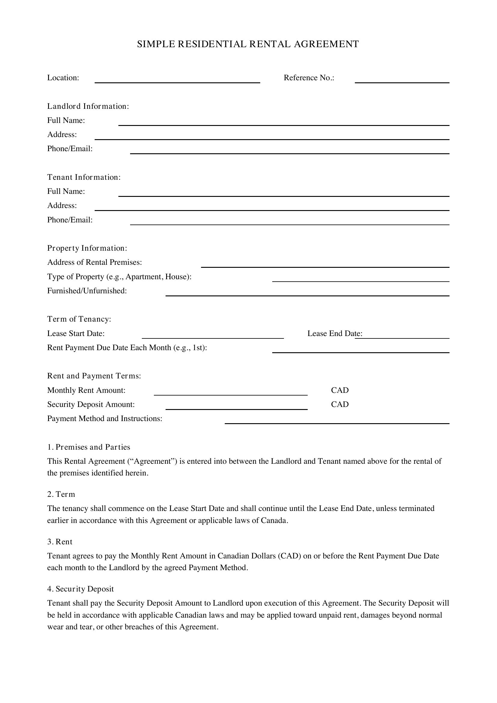 Simple Rental Agreement Template - Canada